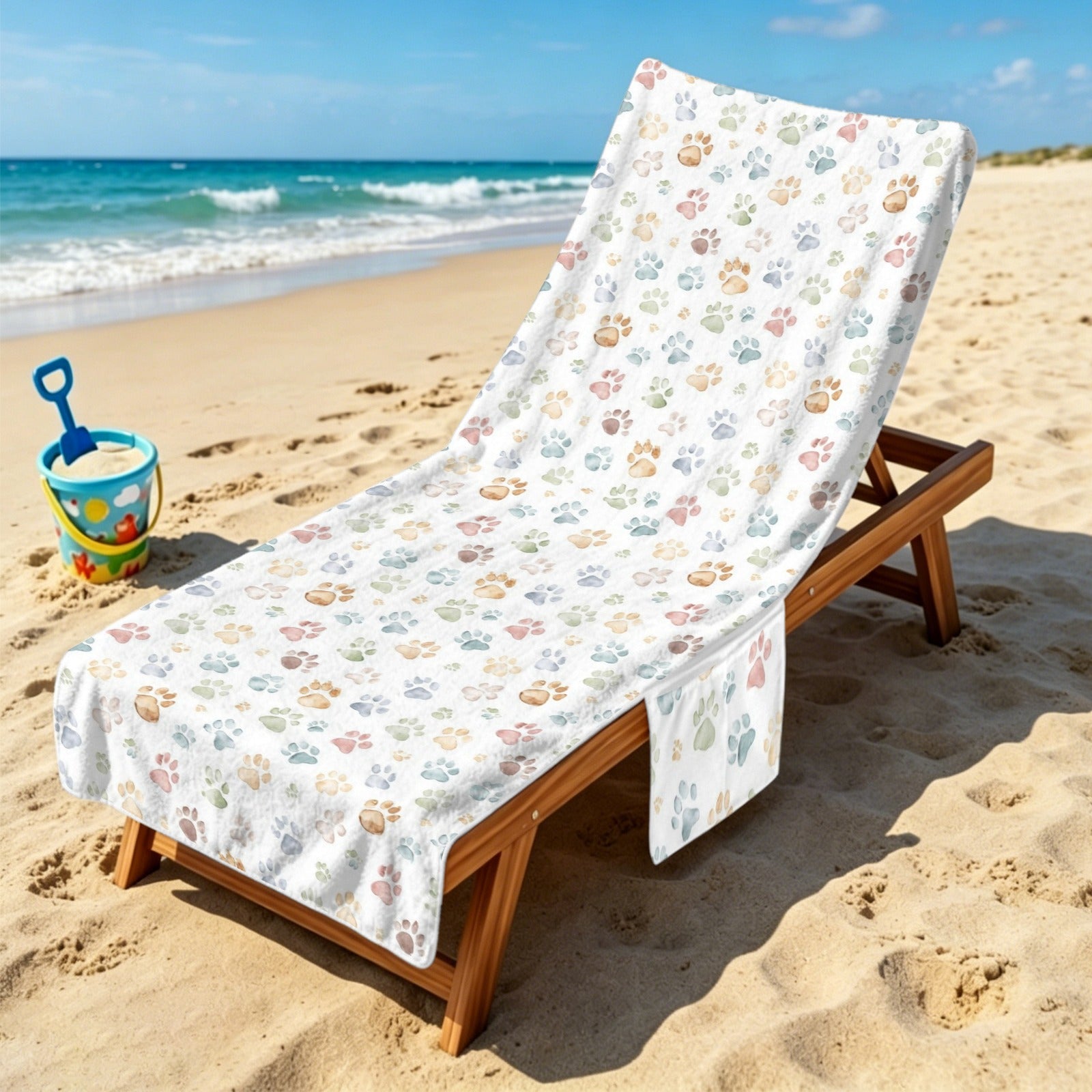 Paw Print Beach Chair Towel Cover with Side Pockets