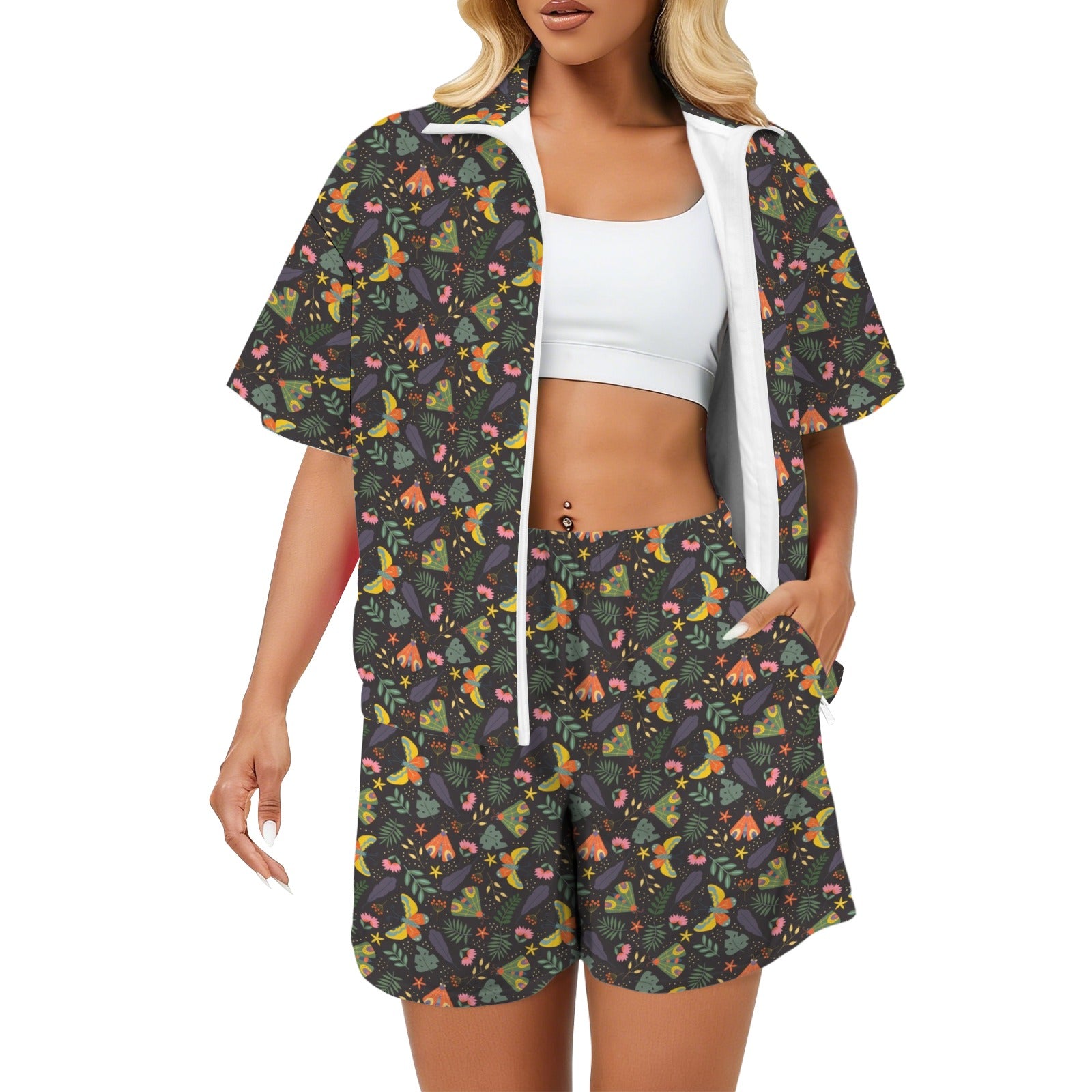 Dark Butterfly Women's Windbreaker Short Set 2XL Women's Windbreaker Short Set animal Printed Offshore