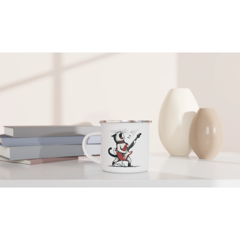 Personalised Cat Playing Guitar White 12oz Enamel Mug Personalised Enamel Mug animal Globally Fulfilled Music