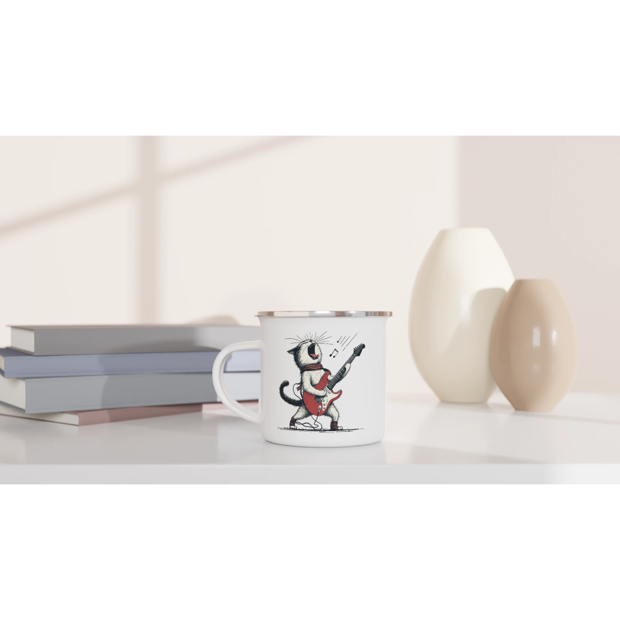 Personalised Cat Playing Guitar White 12oz Enamel Mug Personalised Enamel Mug animal Globally Fulfilled Music