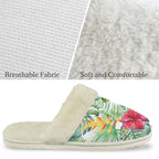 Tropical Flowers On White Women's Fur Trim Thick-Sole Indoor Slippers Women's Fur Trimmed Slippers Plants Printed Offshore