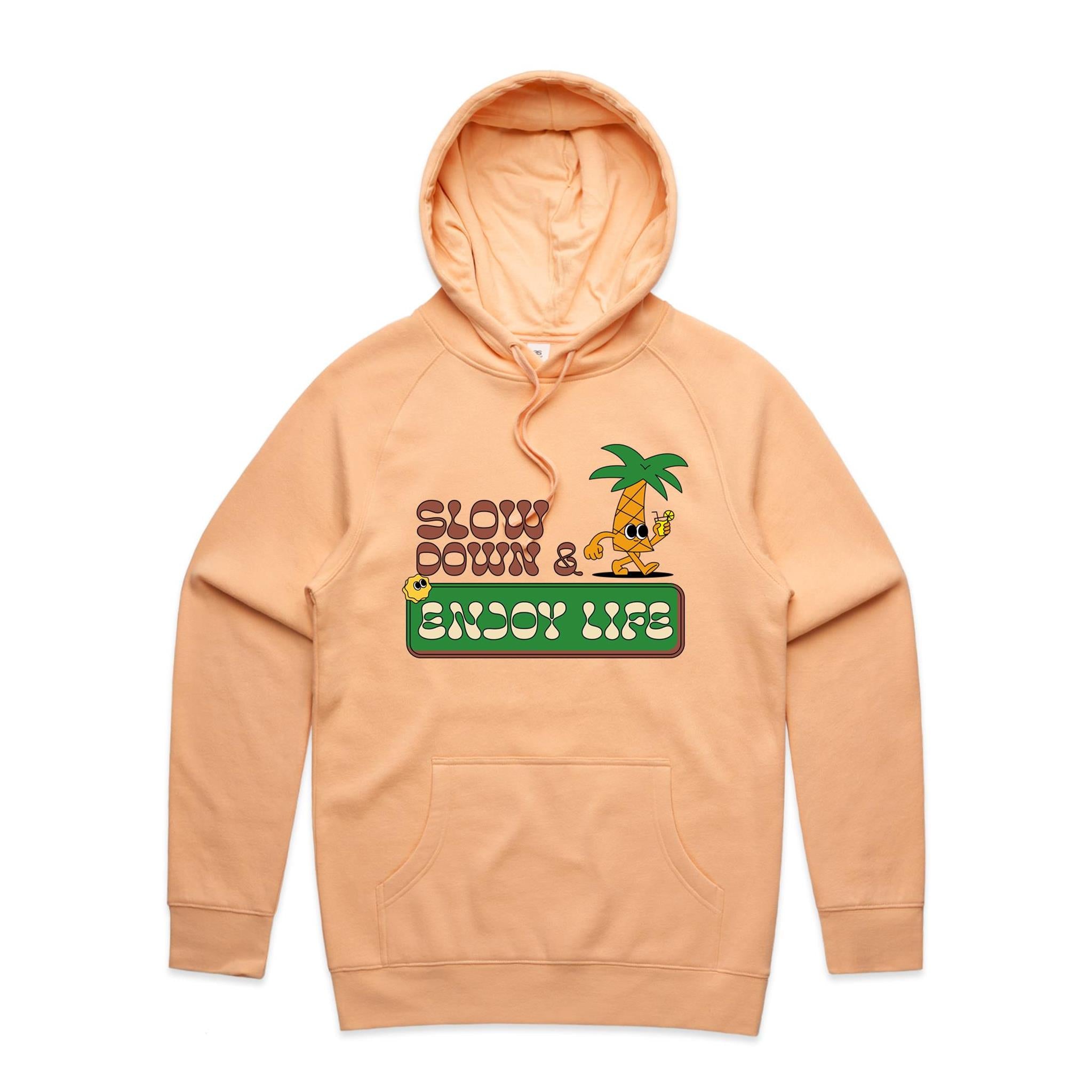 Slow Down And Enjoy Life, Palm Tree - Mens Hoodie Peach Mens Hoodie Printed In Australia Summer
