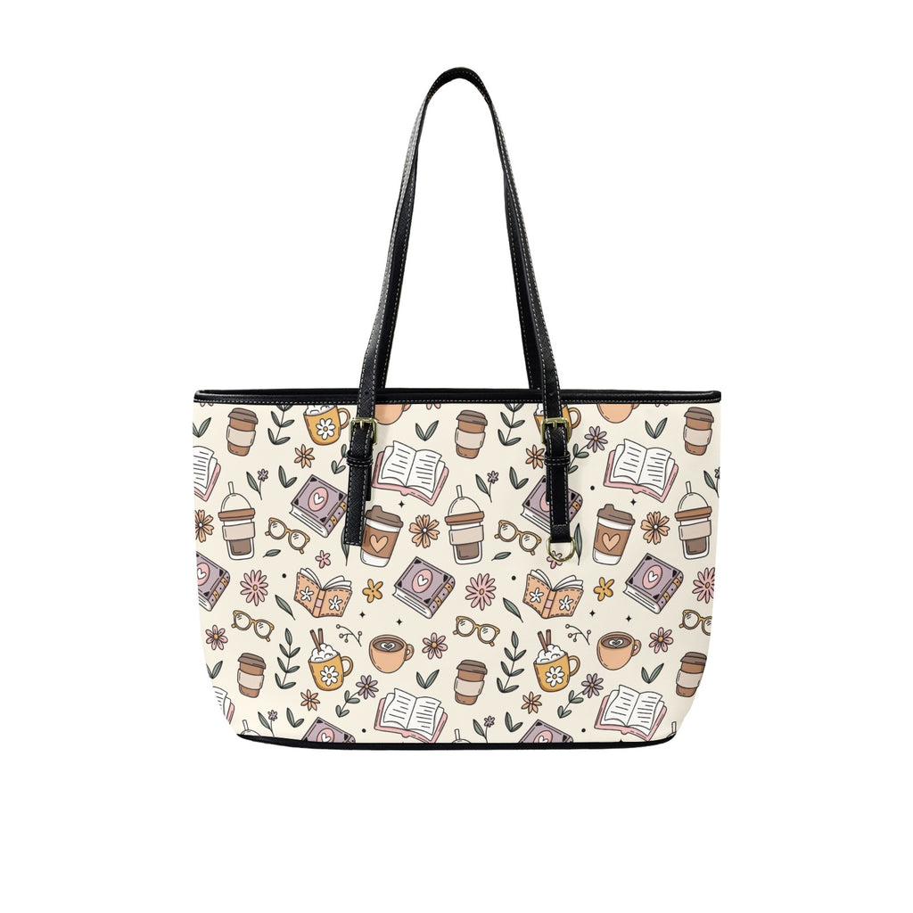 Books And Coffee - Leather Tote Bag-Large
