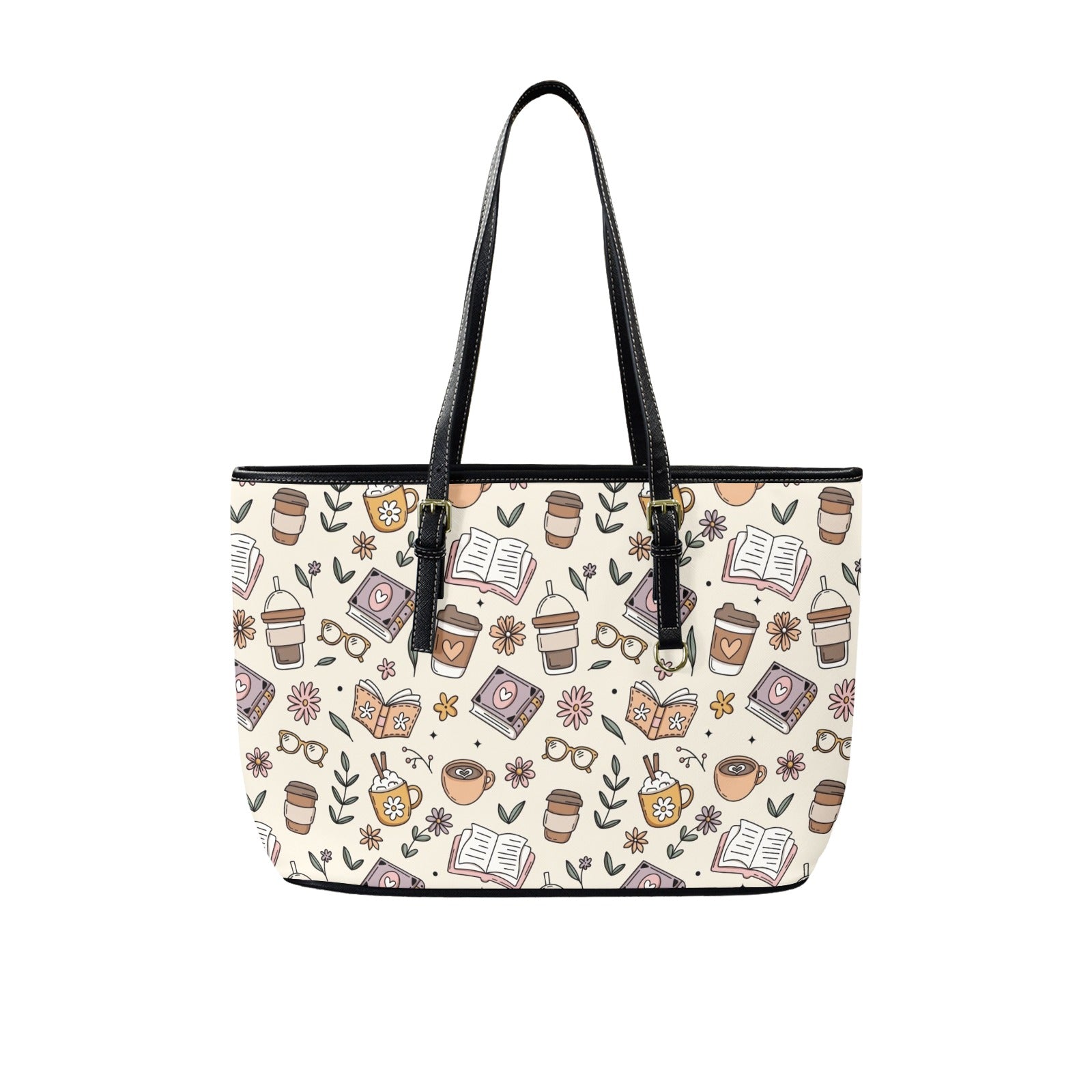 Books And Coffee - Leather Tote Bag-Large