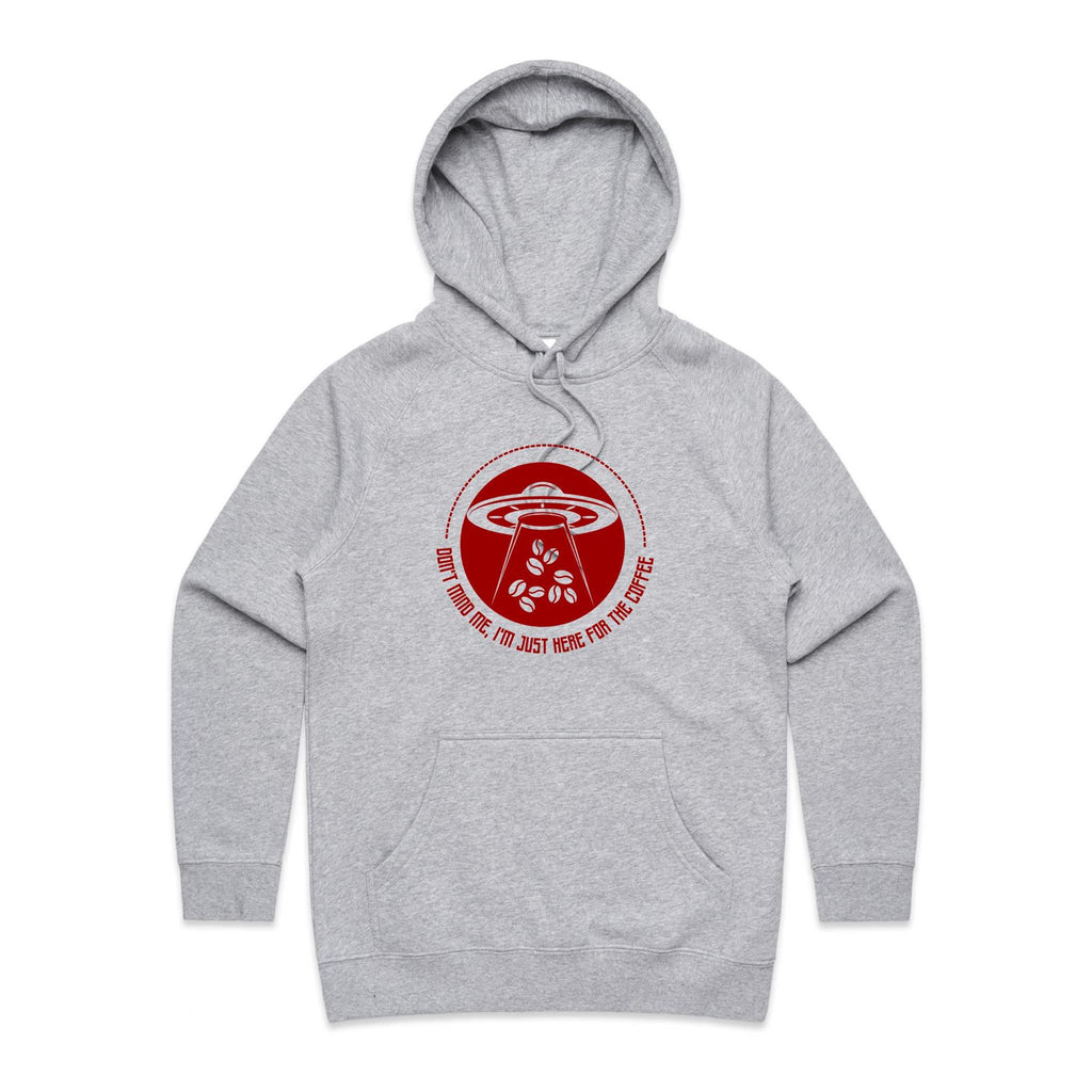 UFO, Don't Mind Me, I'm Just Here For The Coffee- Womens Hoodie Grey Marle Womens Hoodie Coffee Printed In Australia Sci Fi