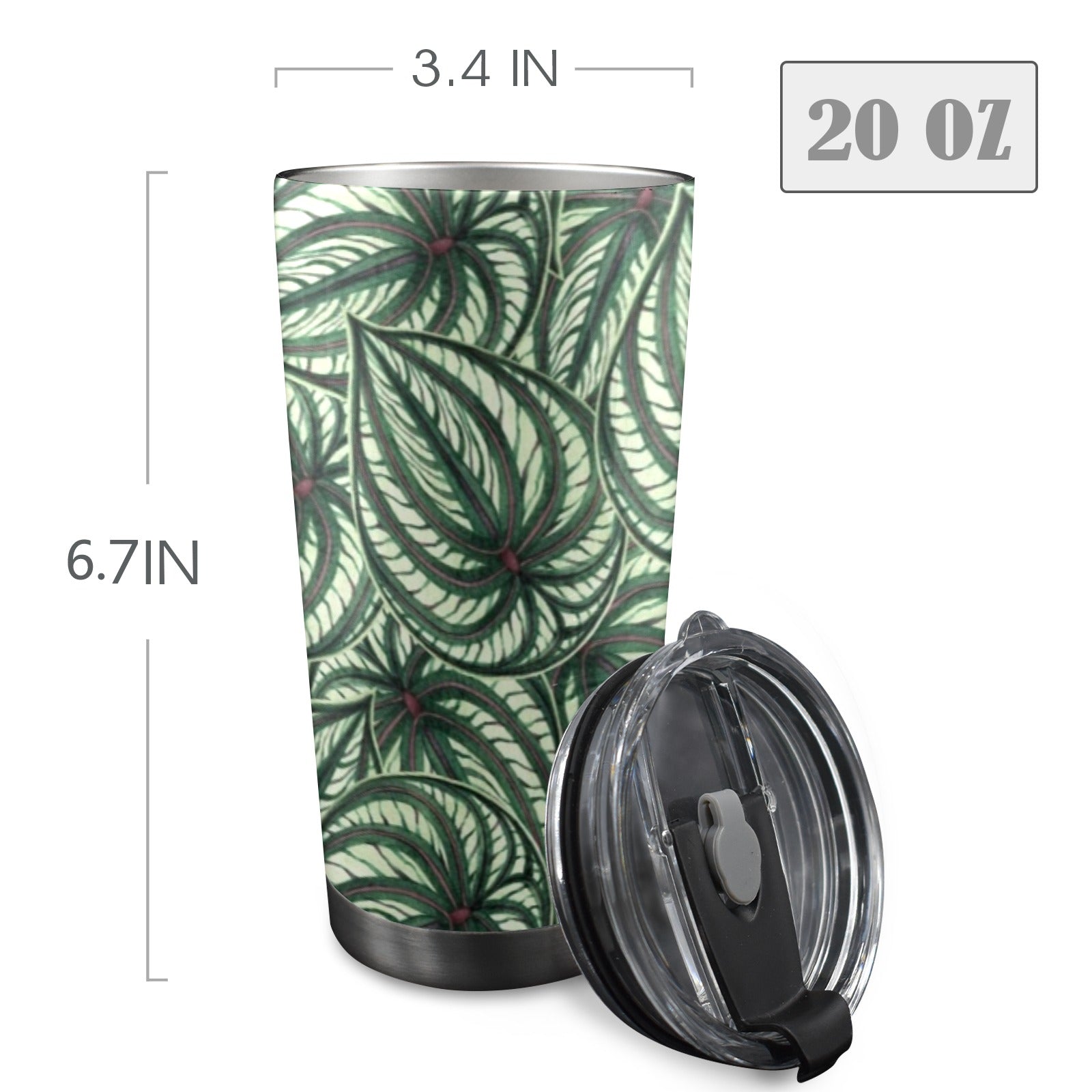 Stripy Leaves 20oz Mobile Tumbler with Lid (Black Lock) 20oz Travel Mug Plants Printed Offshore
