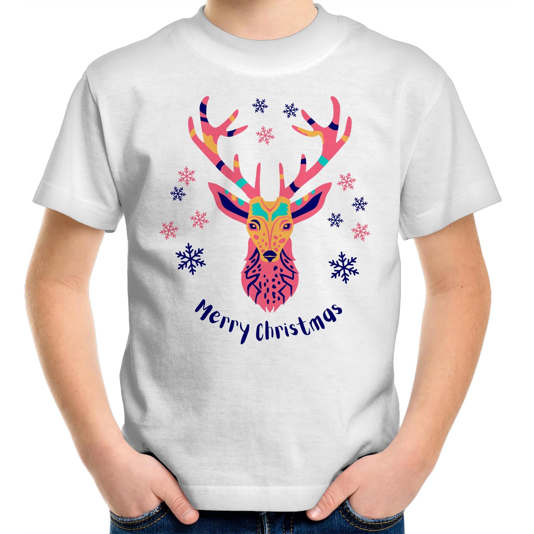 Christmas Deer - Kids Youth T-Shirt White Kids Christmas T-shirt Christmas Printed In Australia