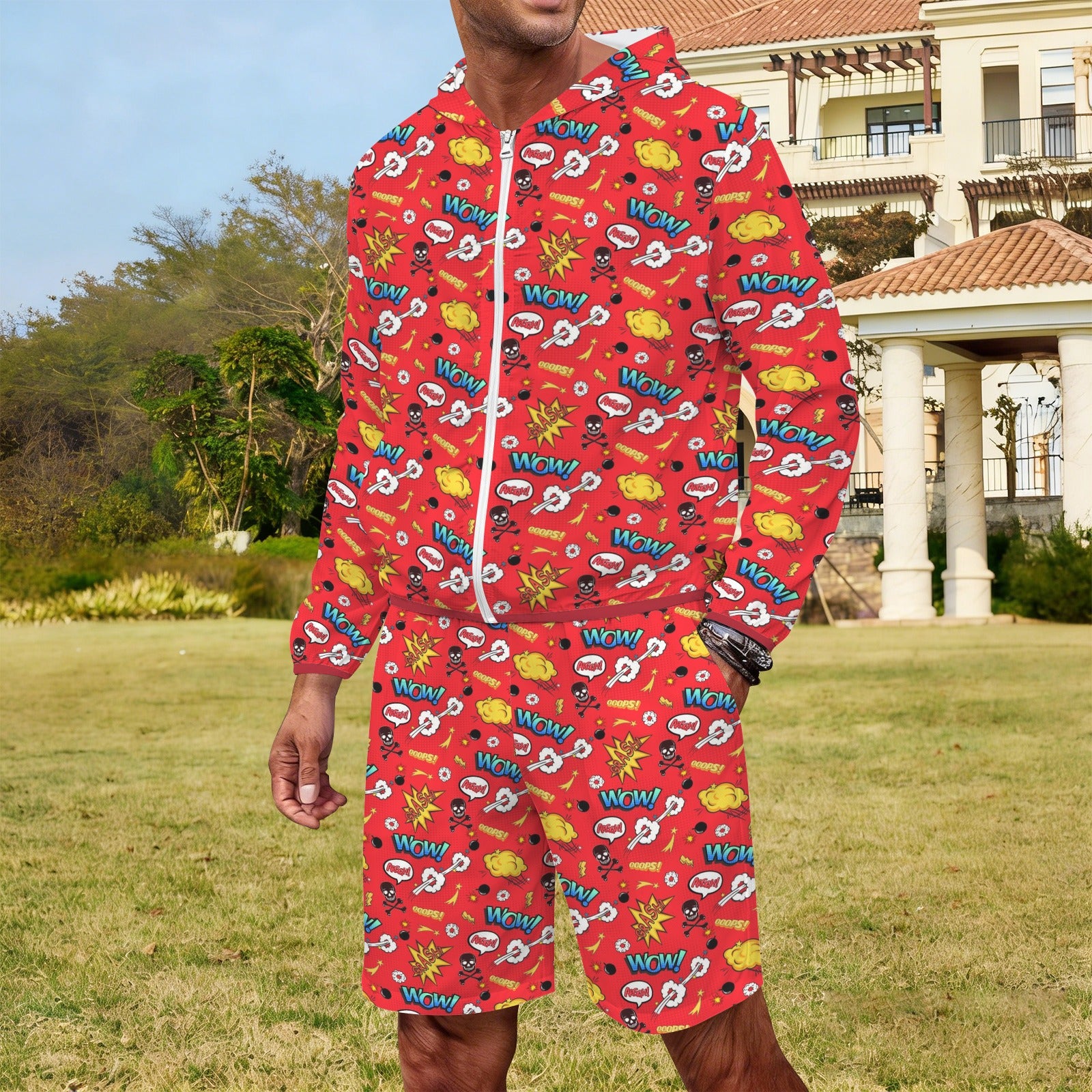 Comic Book Red Men's Lightweight Sun Hoodie & Shorts Set Men's Lightweight Sun Hoodie & Shorts comic Printed Offshore