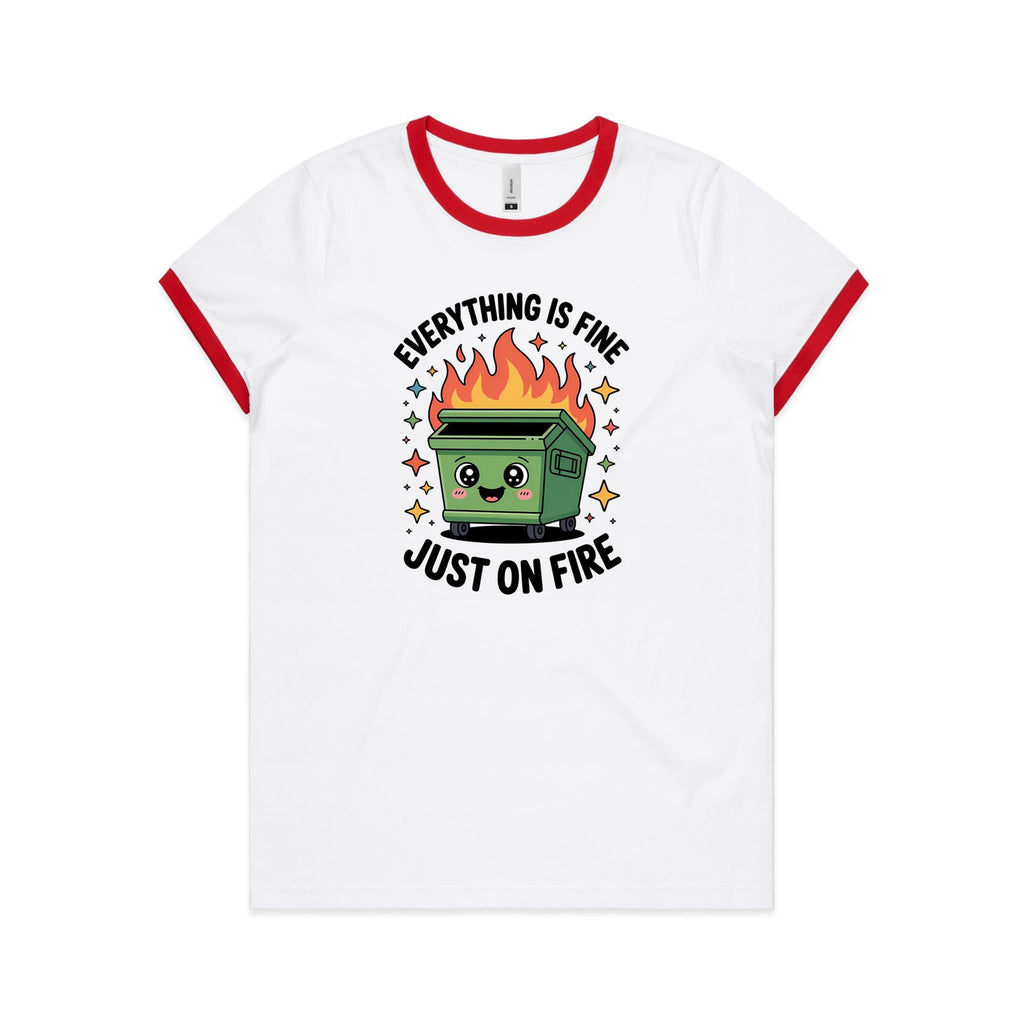 Skip Bin, Dumpster Fire Women's AS Colour Ringer Tee White Red Womens Ringer T-shirt Printed In Australia