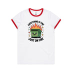 Skip Bin, Dumpster Fire Women's AS Colour Ringer Tee White Red Womens Ringer T-shirt Printed In Australia
