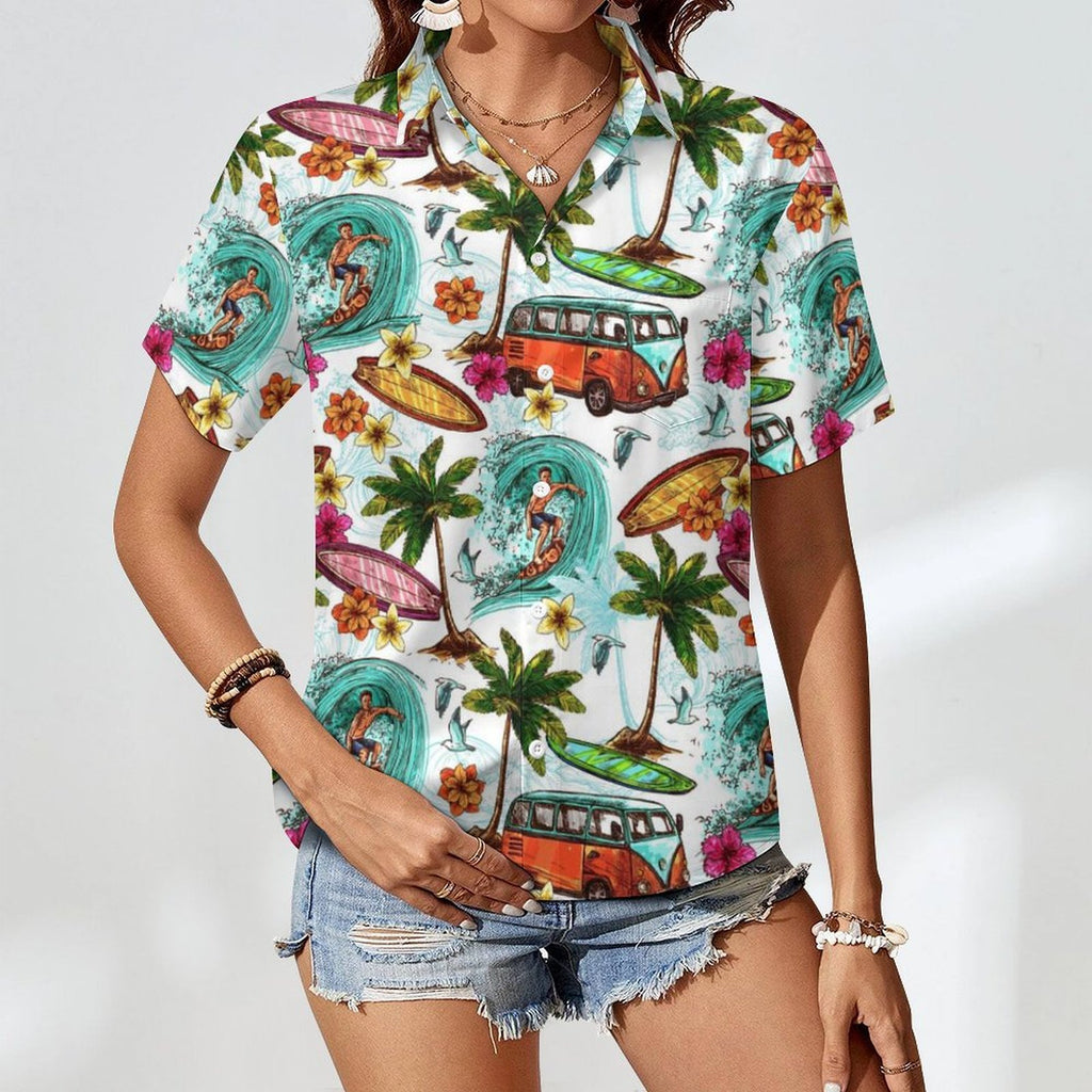 Surfing Safari Women's Short-Sleeve Button Up Shirt