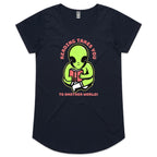 Reading Takes You To Another World, Alien - Womens Scoop Neck T-Shirt Navy Womens Scoop Neck T-shirt Printed In Australia Reading Sci Fi