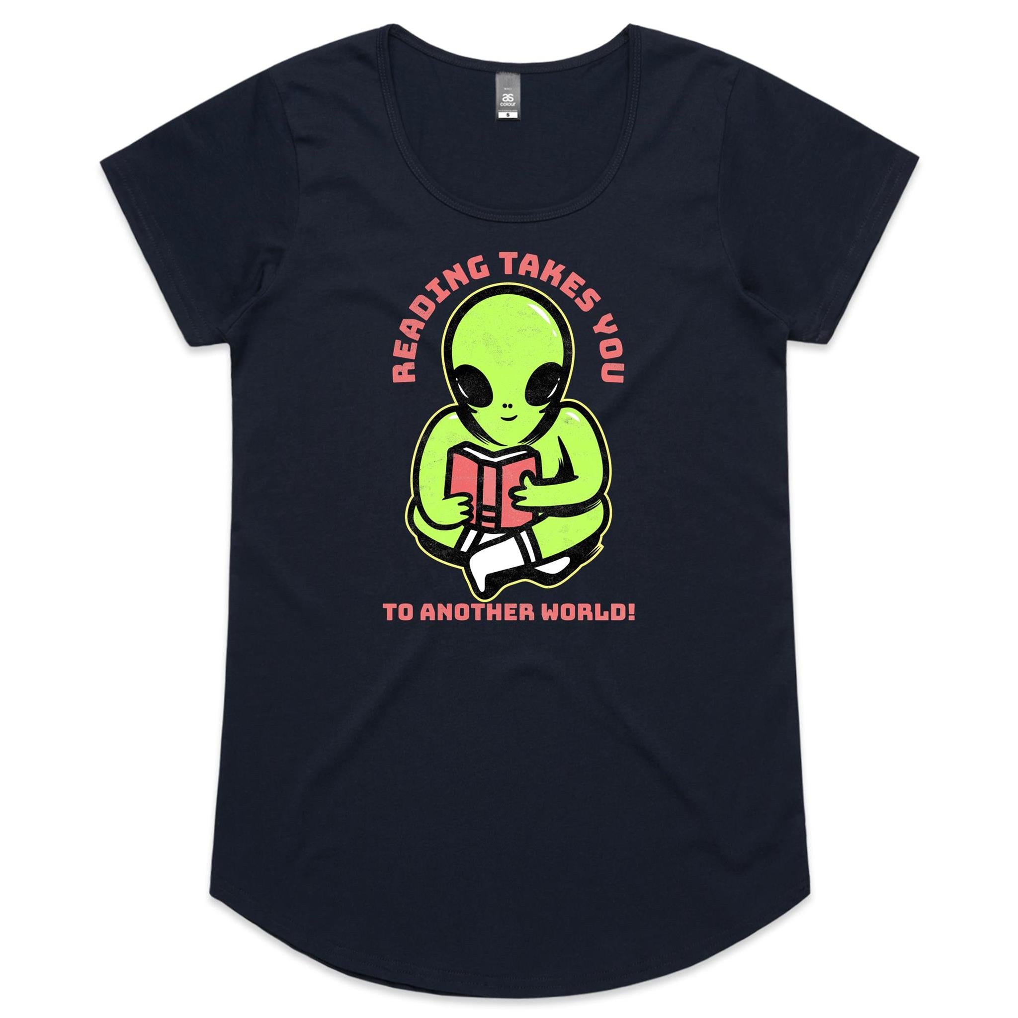 Reading Takes You To Another World, Alien - Womens Scoop Neck T-Shirt Navy Womens Scoop Neck T-shirt Printed In Australia Reading Sci Fi