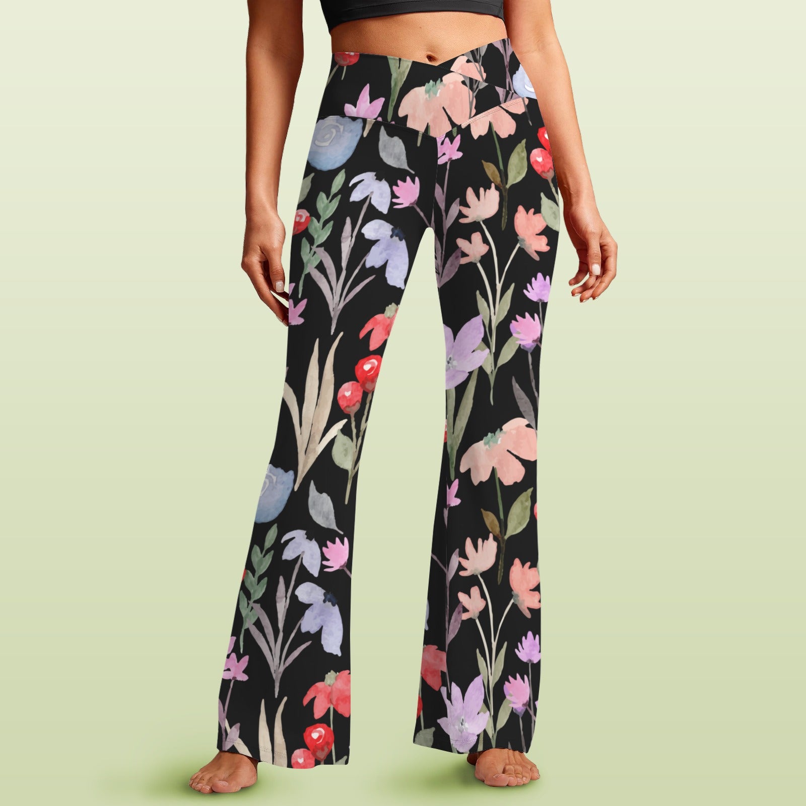 Floral Watercolour High Waist Crossover Tummy Control Flare Leggings 5XL High Waist Flare Leggings Plants Printed Offshore