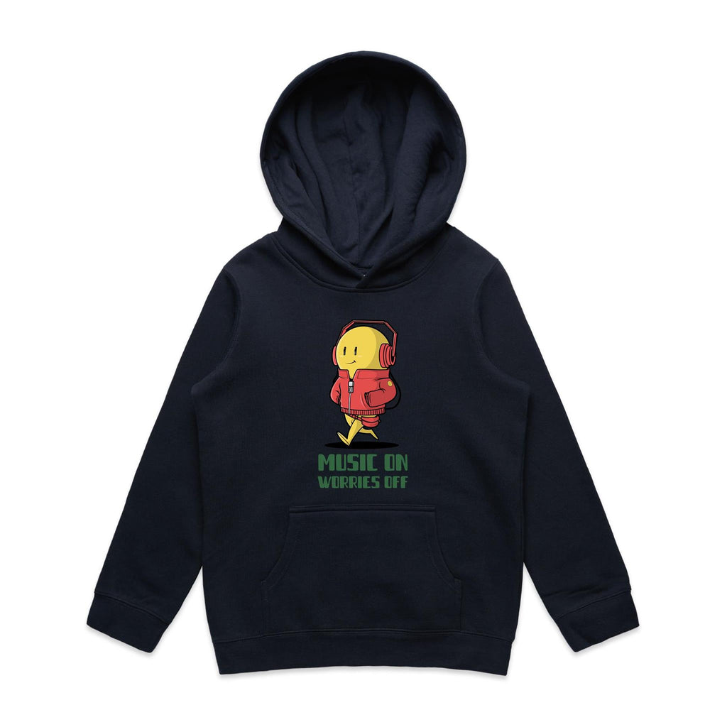 Music On, Worries Off - Kids Hoodie Navy Kids Hoodie Printed In Australia
