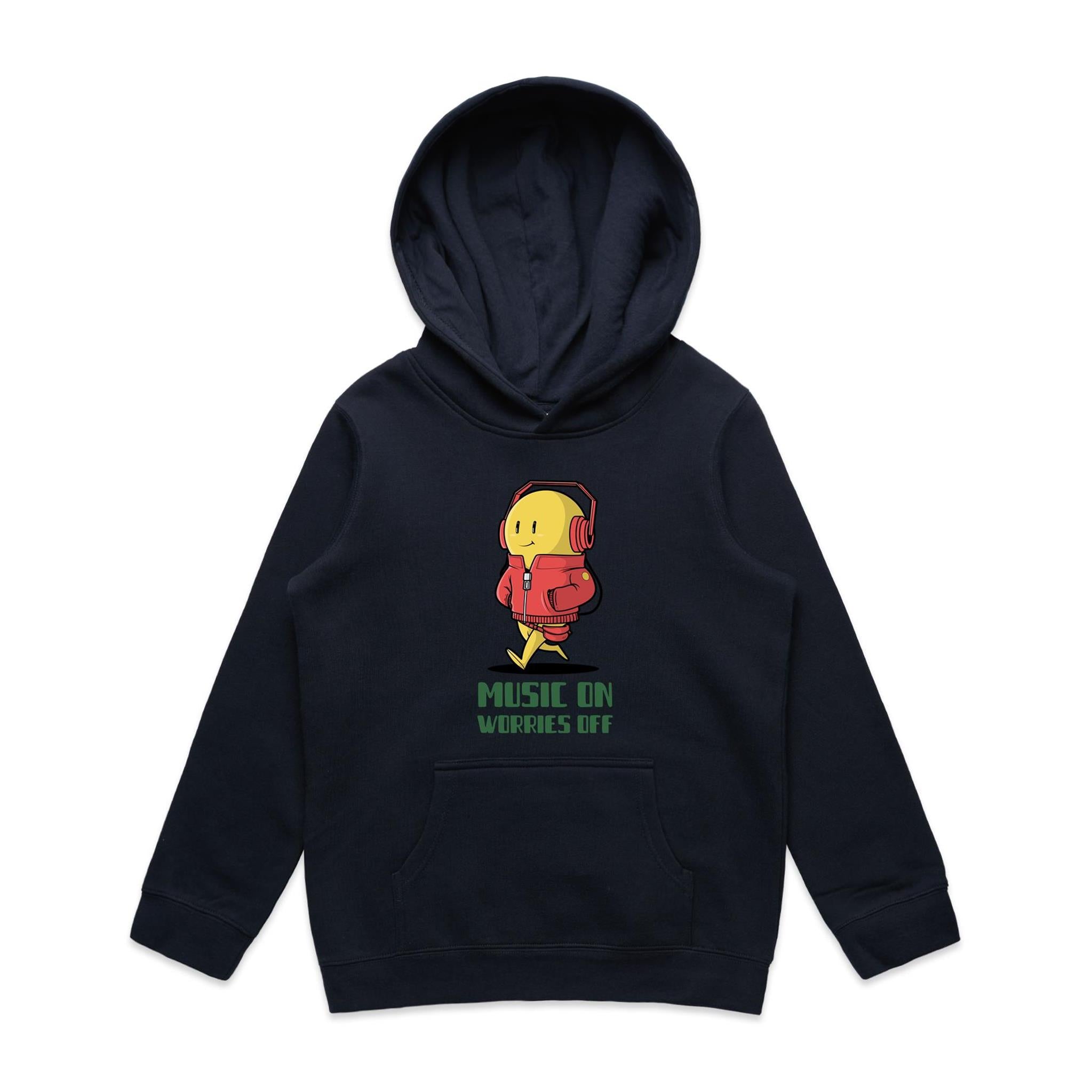 Music On, Worries Off - Kids Hoodie Navy Kids Hoodie Printed In Australia