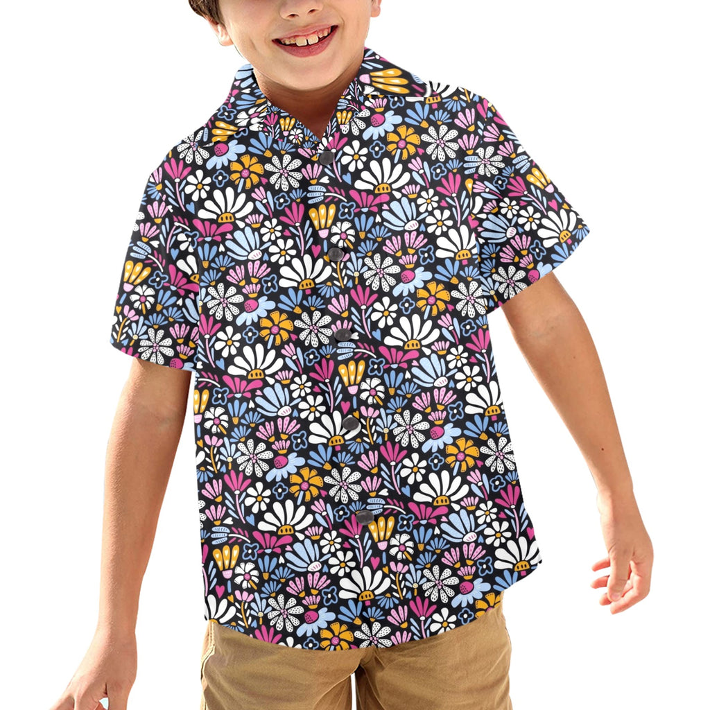 Graphic Flowers On Black Junior Kids Hawaiian Shirt