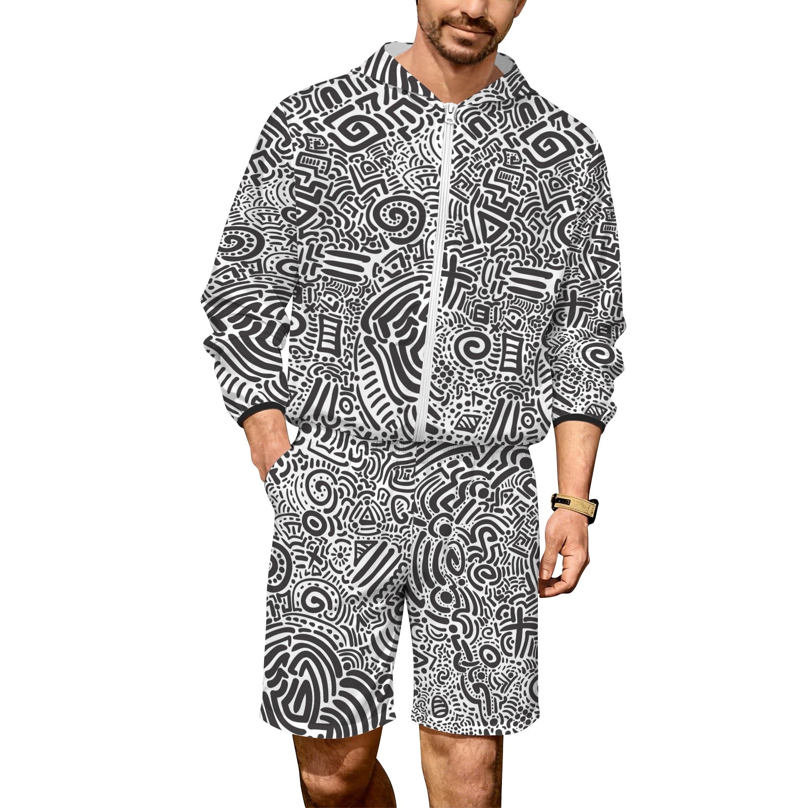 Black And White Men's Lightweight Sun Hoodie & Shorts Set 4XL Men's Lightweight Sun Hoodie & Shorts Printed Offshore