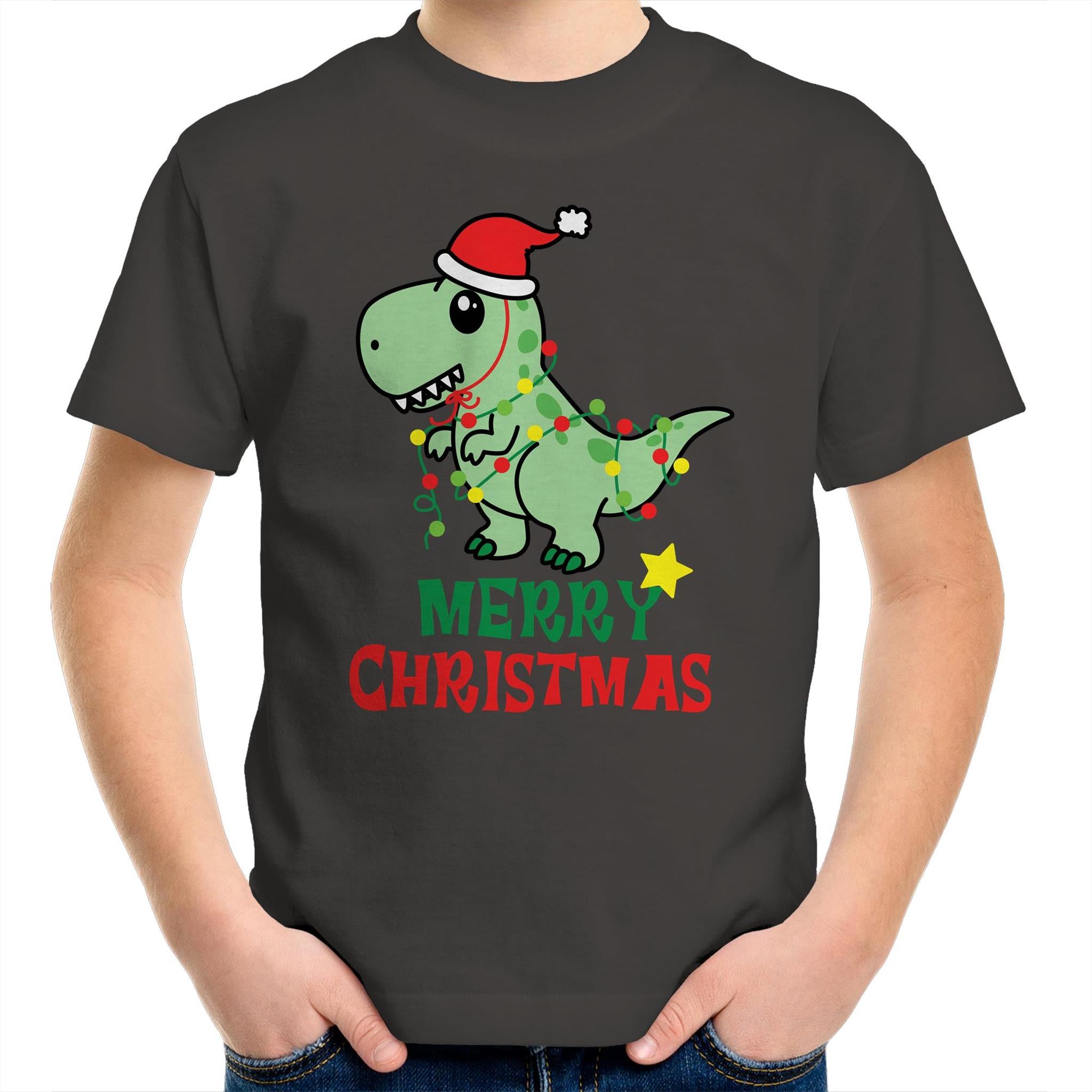 Dinosaur Santa, Merry Christmas - Kids Youth T-Shirt Charcoal Kids Christmas T-shirt Christmas Printed In Australia