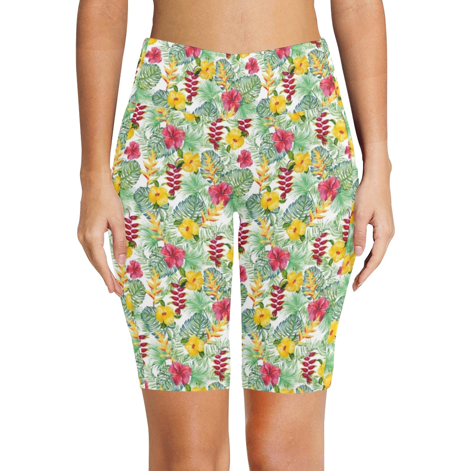 Tropical Flowers On White Women's Bike Shorts With Side Pockets