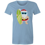 Surfing Santa - Womens T-shirt Carolina Blue Womens Christmas T-shirt Christmas Printed In Australia