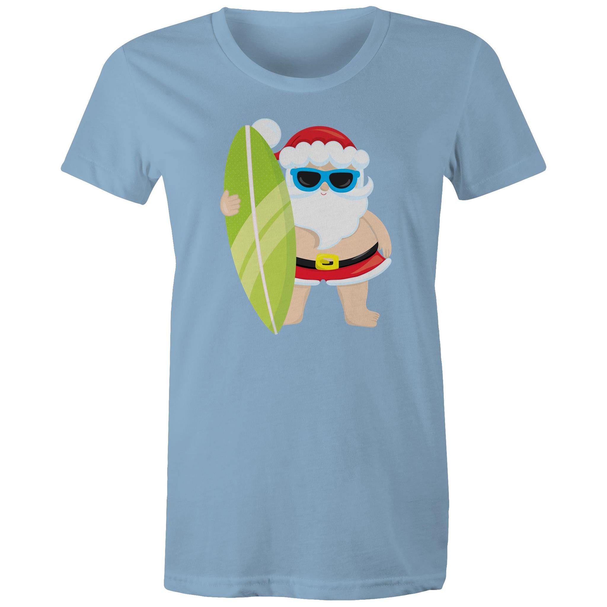Surfing Santa - Womens T-shirt Carolina Blue Womens Christmas T-shirt Christmas Printed In Australia