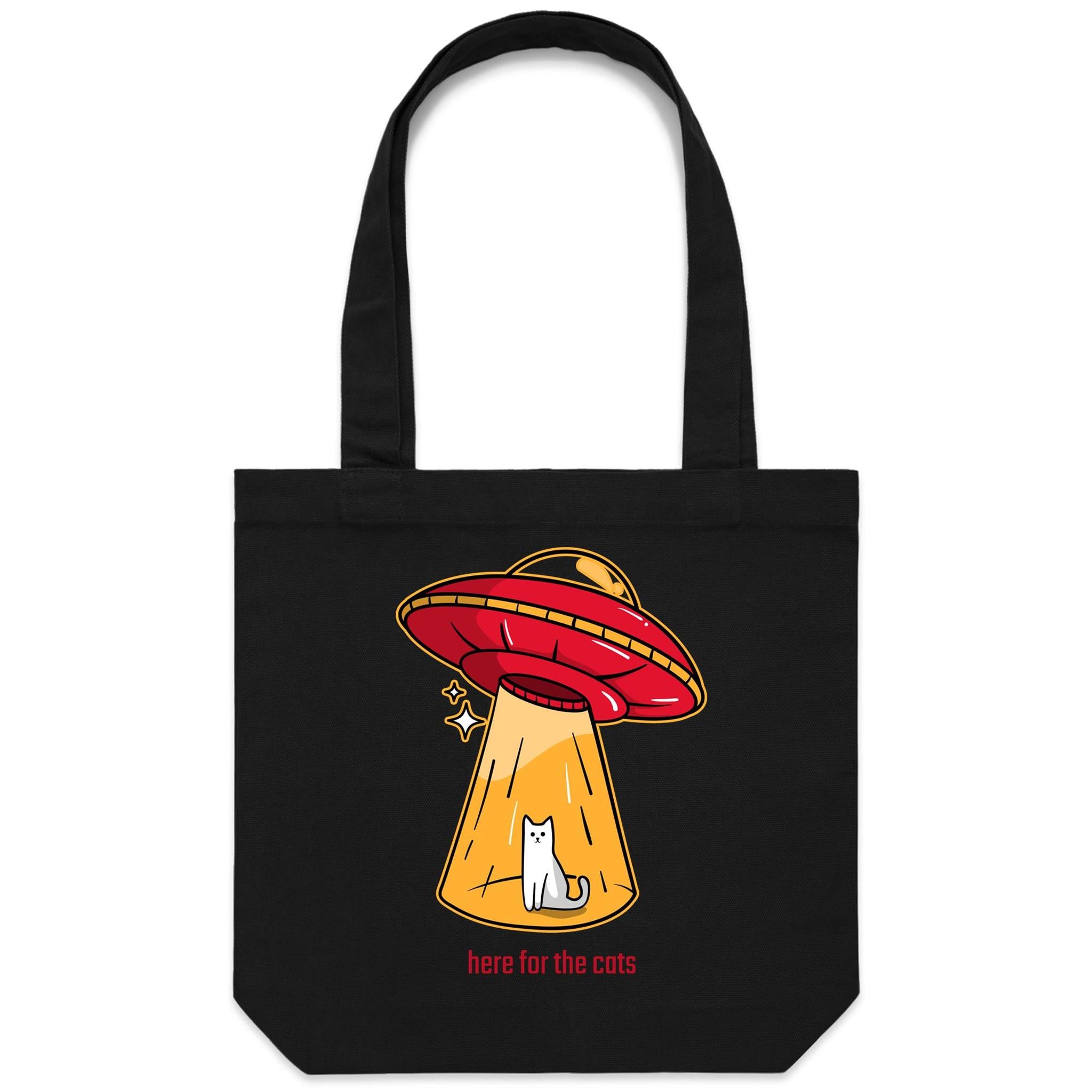 Here For The Cats, UFO - Canvas Tote Bag Black One Size Tote Bag animal Printed In Australia Sci Fi