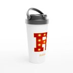Personalised - Marquee Lights Initial - White 15oz Stainless Steel Travel Mug Personalised Travel Mug Customise Globally Fulfilled Personalise