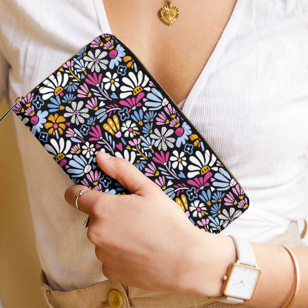 Graphic Flowers On Black - PU Leather Wallet