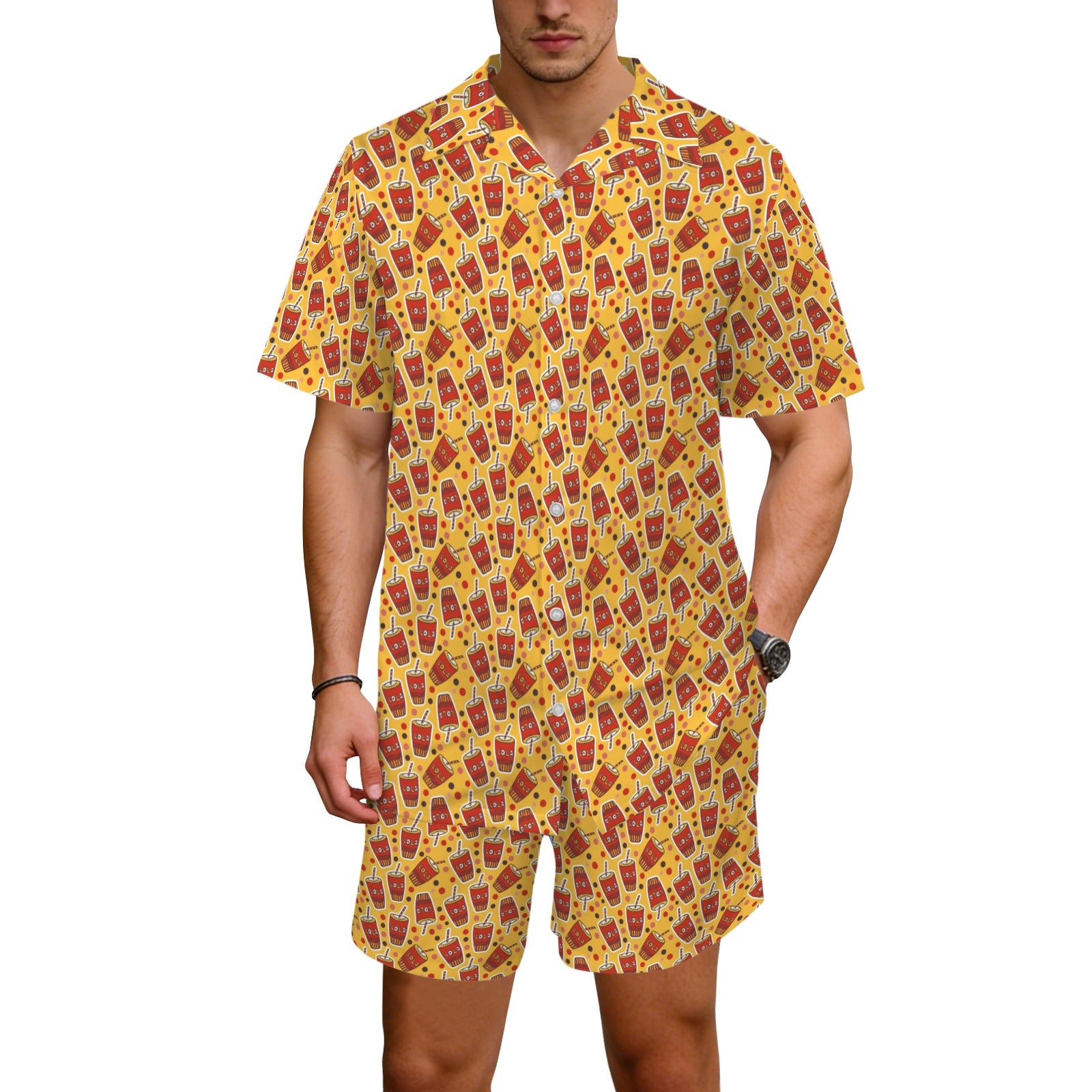 Cola Men's Hawaiian Shirt & Shorts Set Men's Hawaiian Shirt & Shorts Set Food Printed Offshore