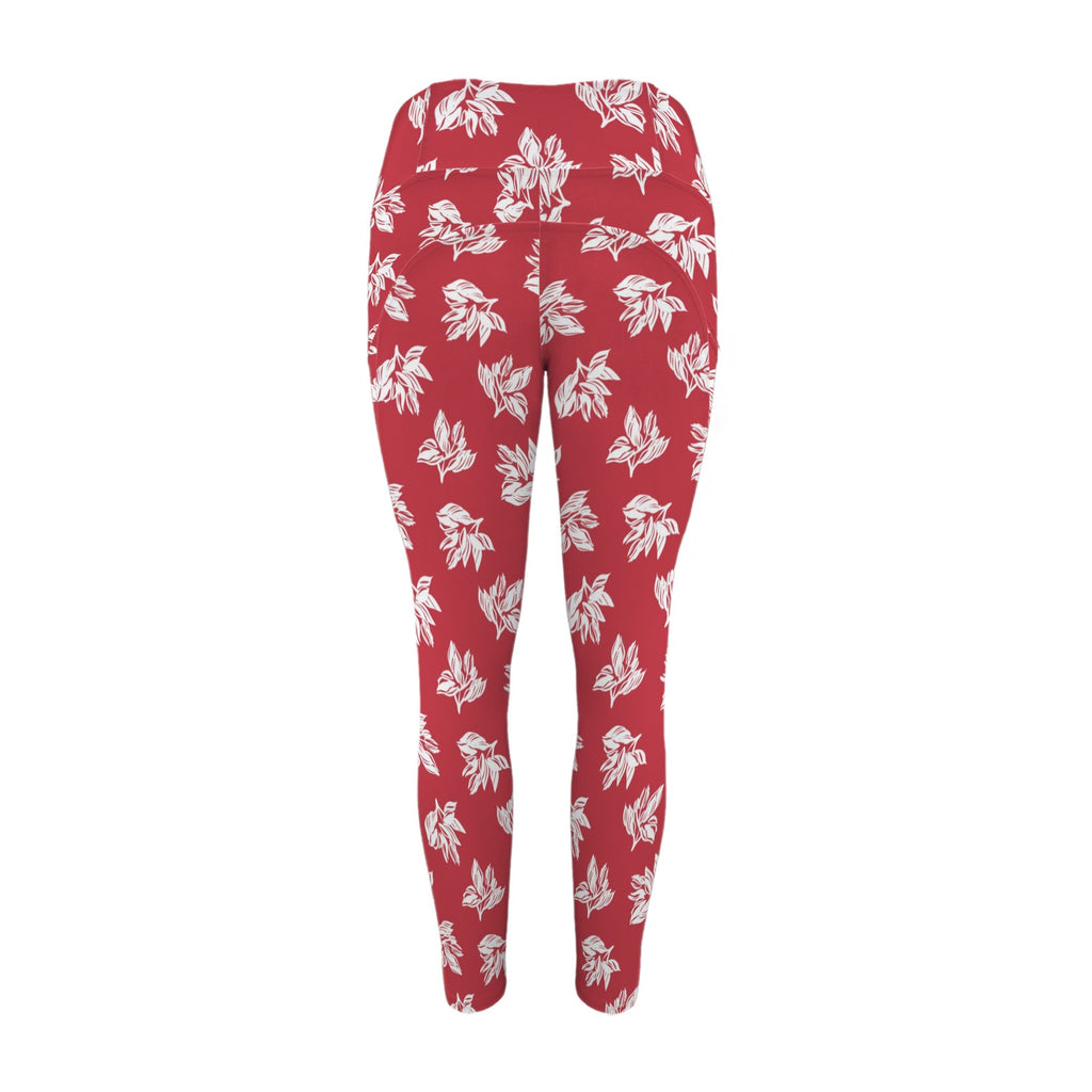 Red Retro Foliage - Women's High Waist Pockets Yoga Leggings