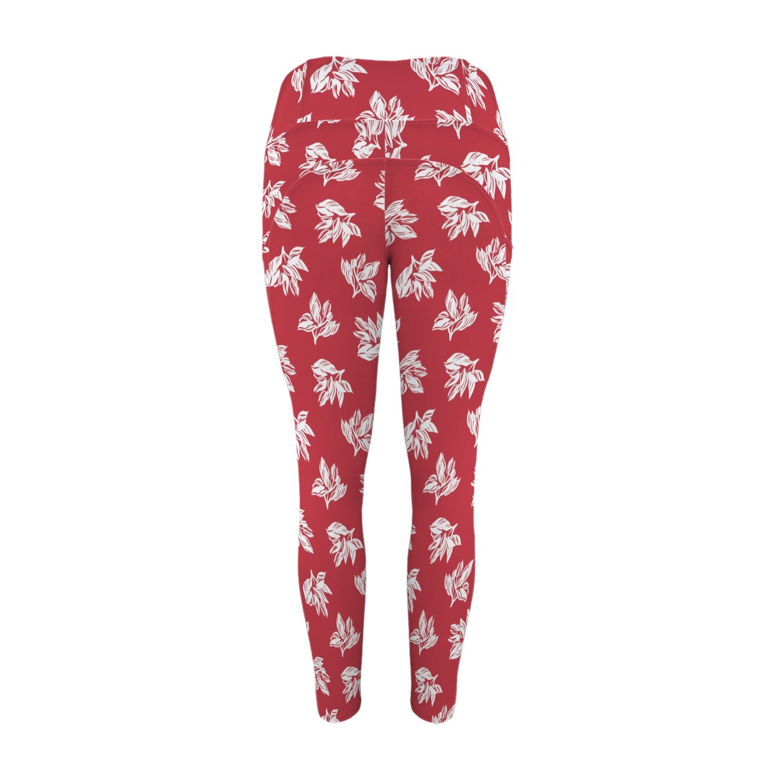 Red Retro Foliage - Women's High Waist Pockets Yoga Leggings