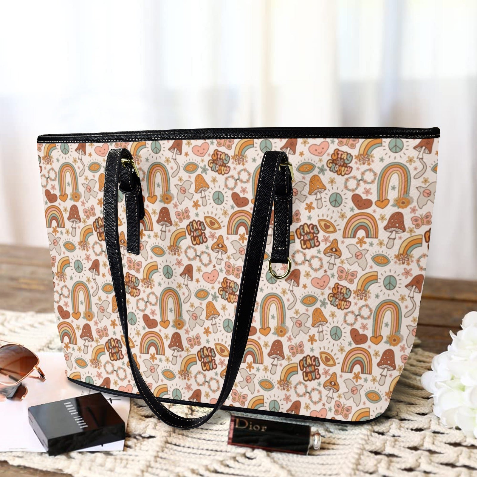 Peace And Love - PU Leather Tote Bag - Large