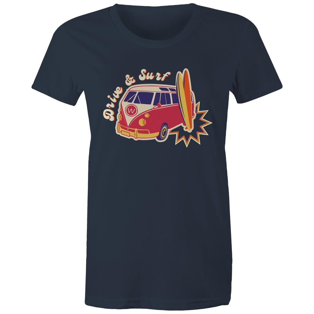 Drive And Surf - Womens T-shirt Navy Womens T-shirt Printed In Australia Summer Surf
