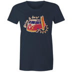 Drive And Surf - Womens T-shirt Navy Womens T-shirt Printed In Australia Summer Surf