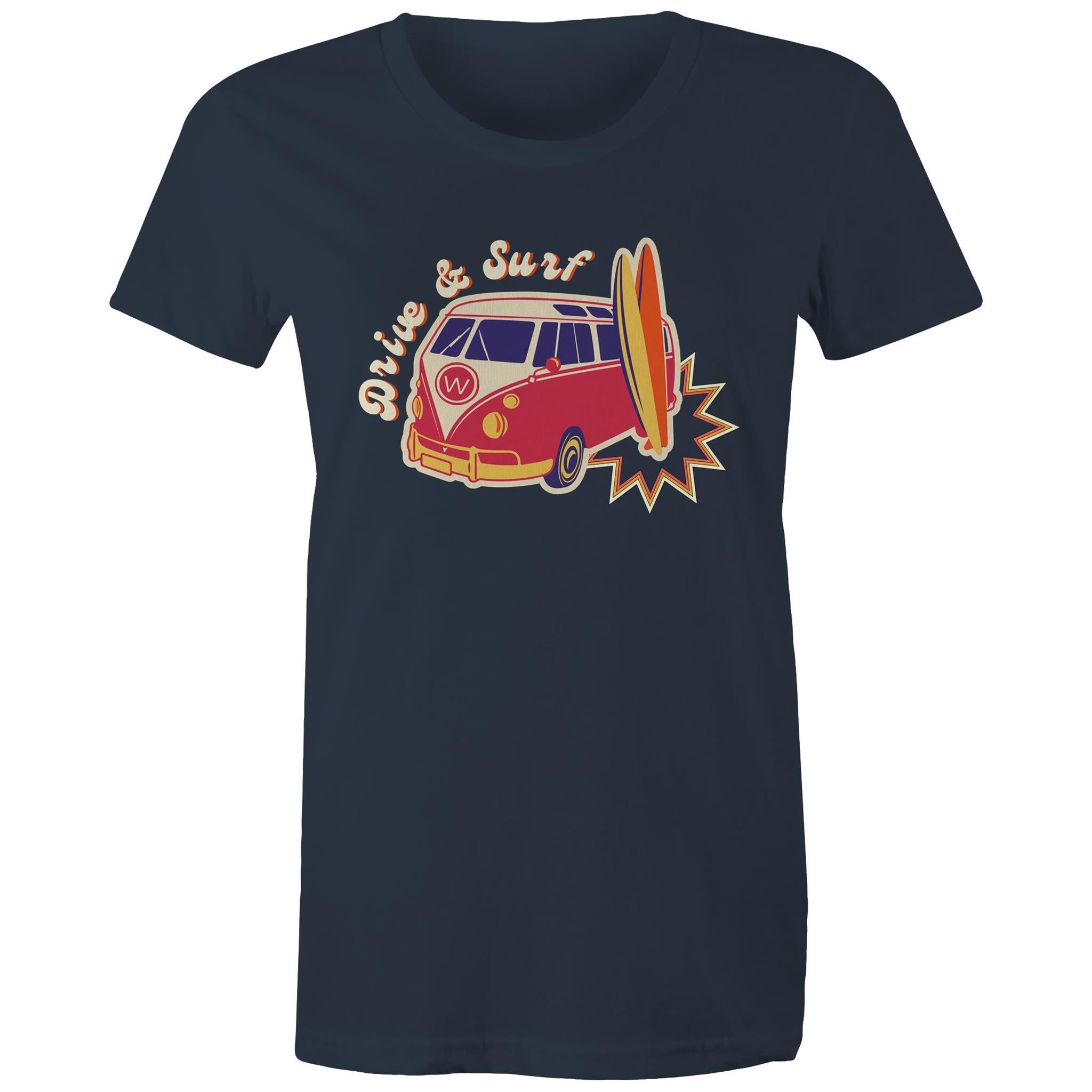 Drive And Surf - Womens T-shirt Navy Womens T-shirt Printed In Australia Summer Surf