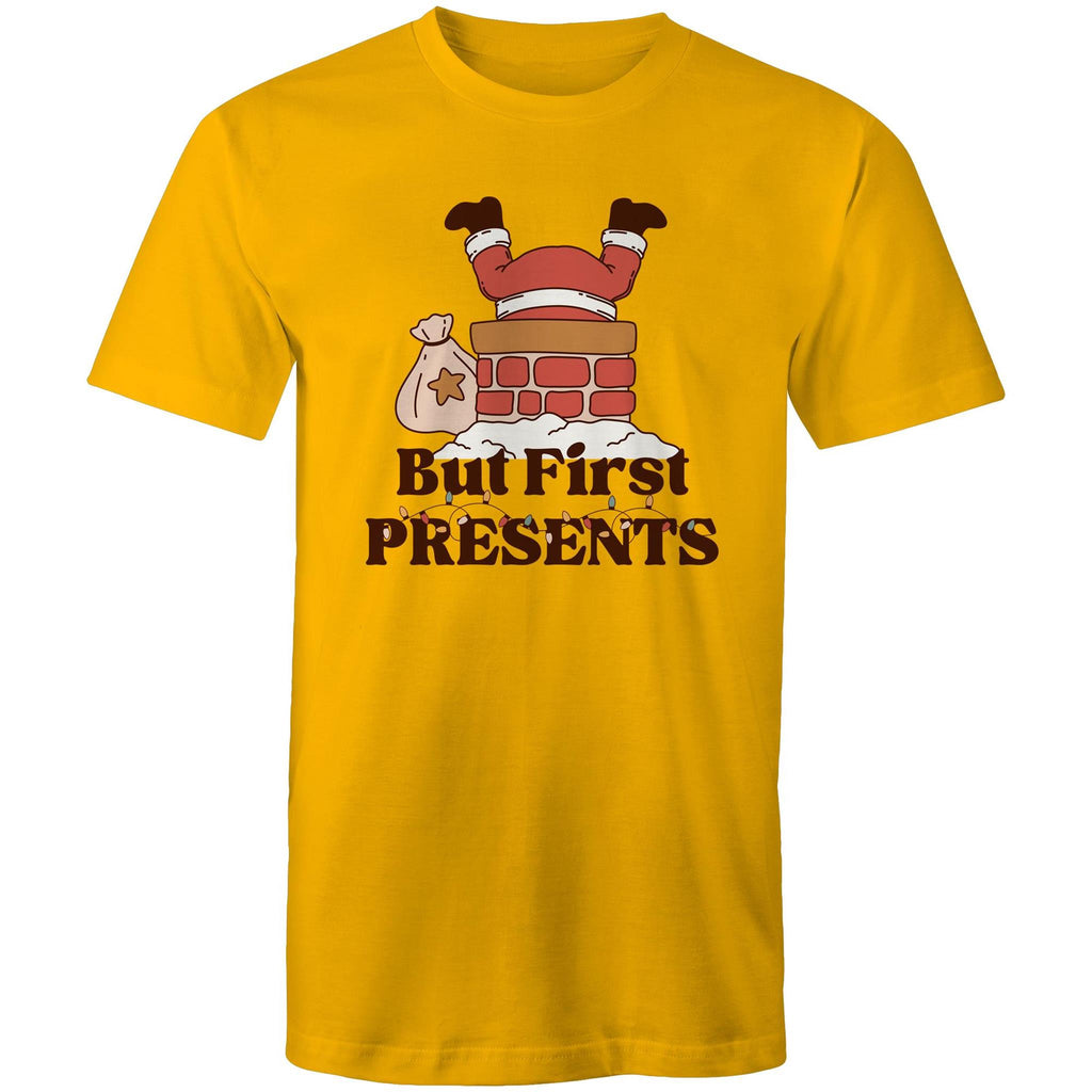 But First Presents, Santa In Chimney - Mens T-Shirt Gold