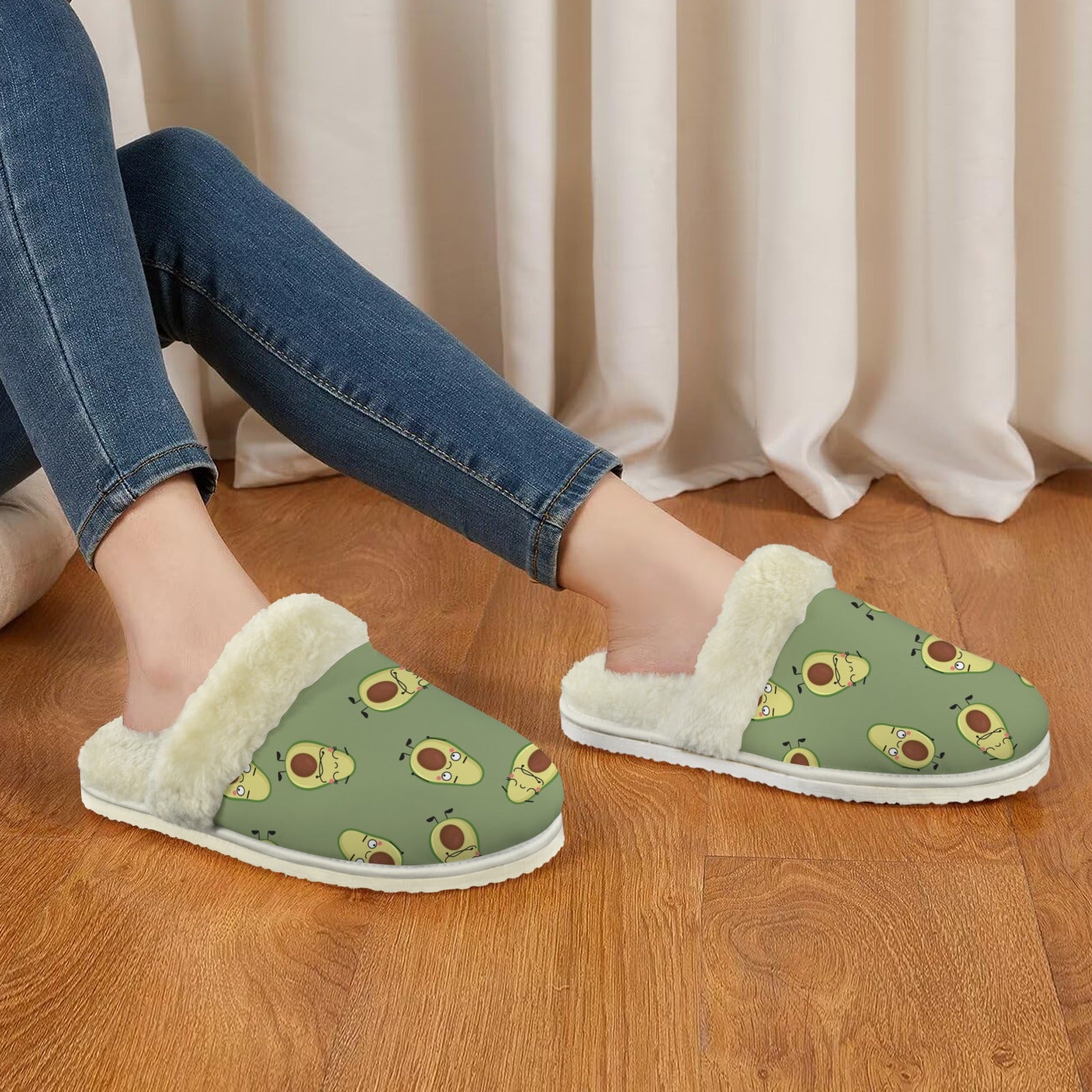 Avocado Characters Women's Fur Trim Thick-Sole Indoor Slippers Women's Fur Trimmed Slippers Food Printed Offshore