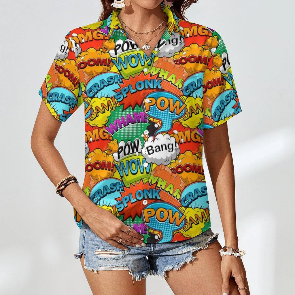Comic Book 2 Women's Short-Sleeve Button Up Shirt comic Printed Offshore