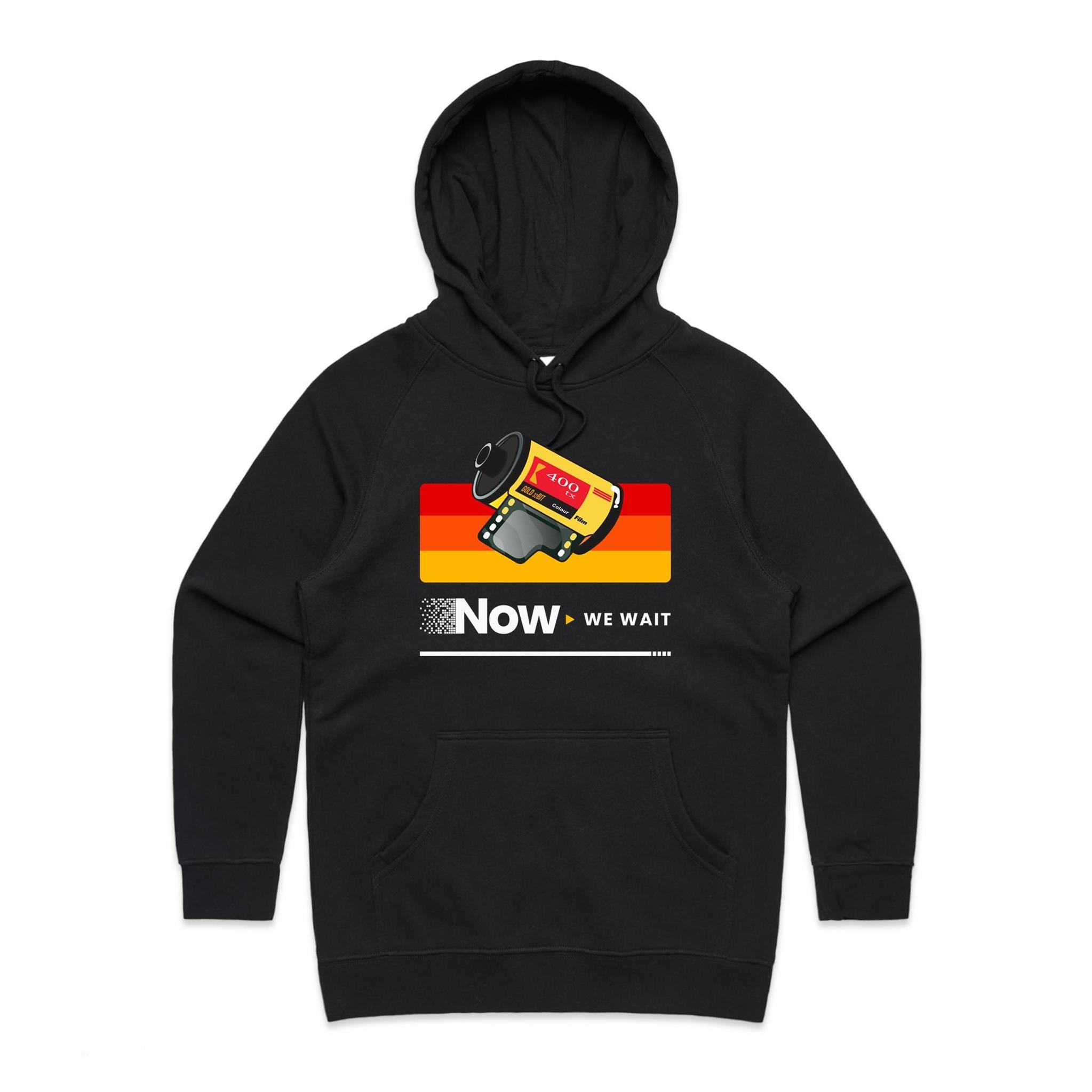 Camera Film, Now We Wait Women's AS Colour Hoodie Black Womens Hoodie Printed In Australia Retro