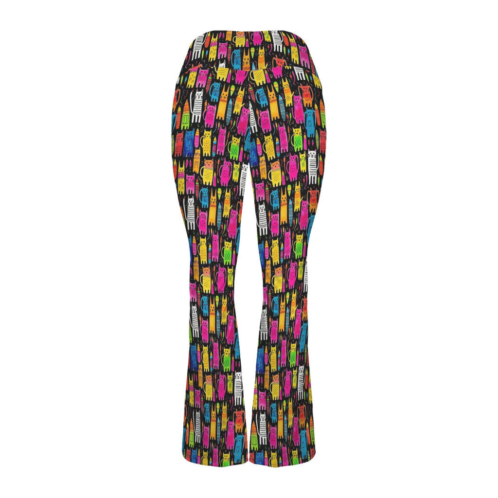 Colourful Cats High Waist Crossover Tummy Control Flare Leggings High Waist Flare Leggings animal Printed Offshore