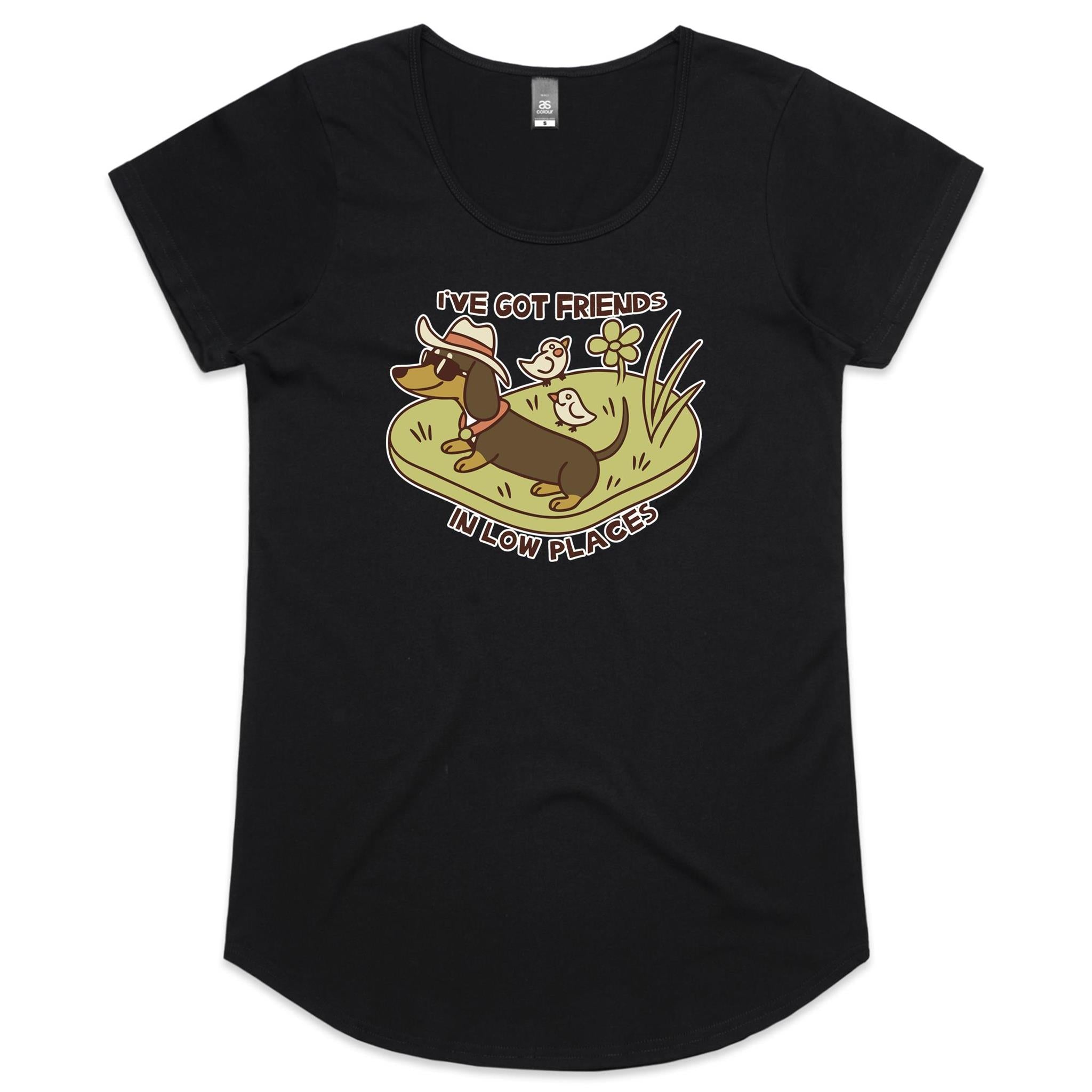 Dachshund, I've Got Friends In Low Places Women's AS Colour Scoop Neck T-Shirt Black Womens Scoop Neck T-shirt animal Printed In Australia
