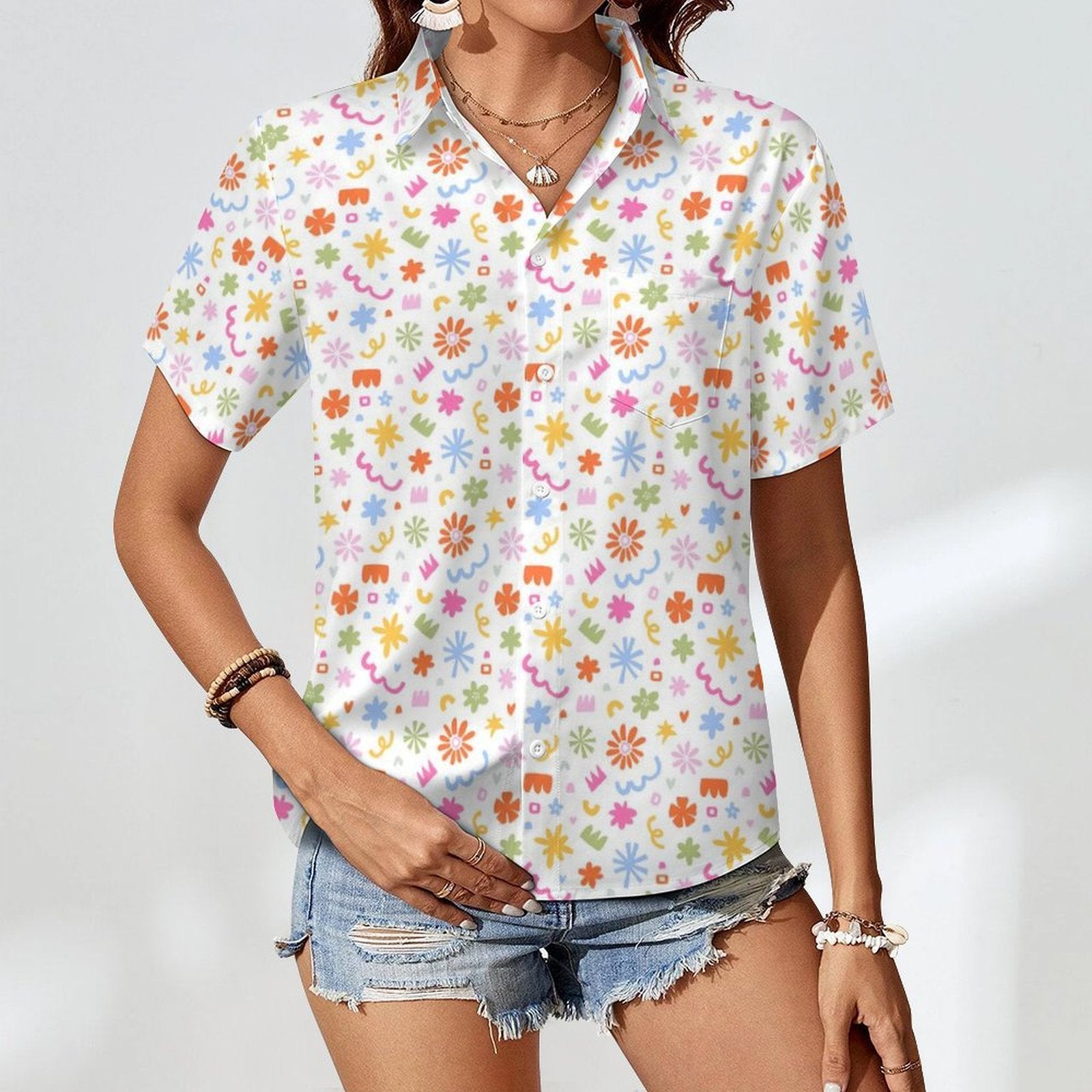 Abstract Colourful Shapes - Women's Short-Sleeve Button Up Shirt