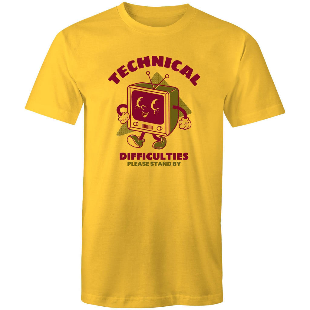 Retro TV, Technical Difficulties - Mens T-Shirt Yellow Mens T-shirt Printed In Australia Retro Tech