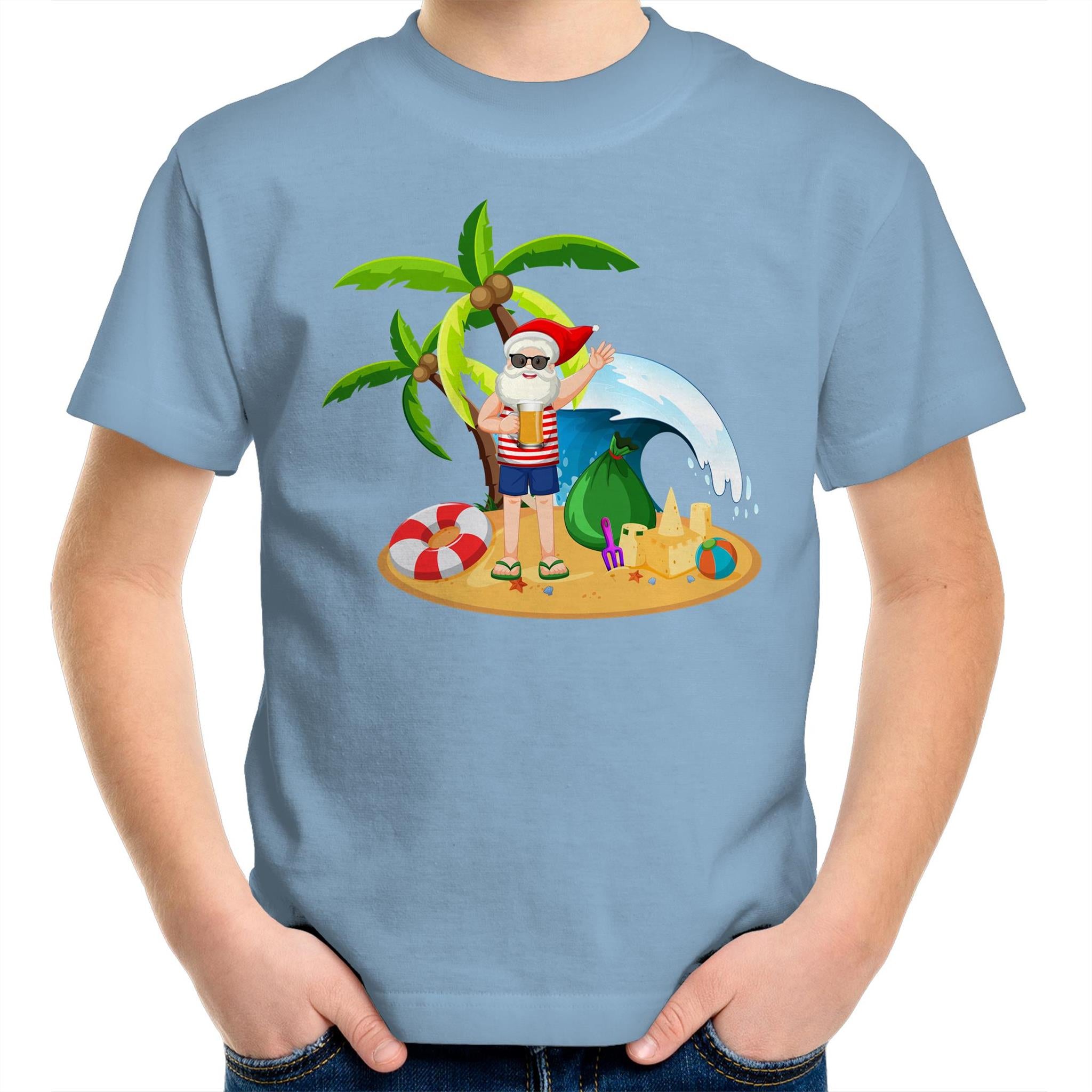 Summer Surf Santa - Kids Youth T-Shirt Carolina Blue Kids Christmas T-shirt Christmas Printed In Australia