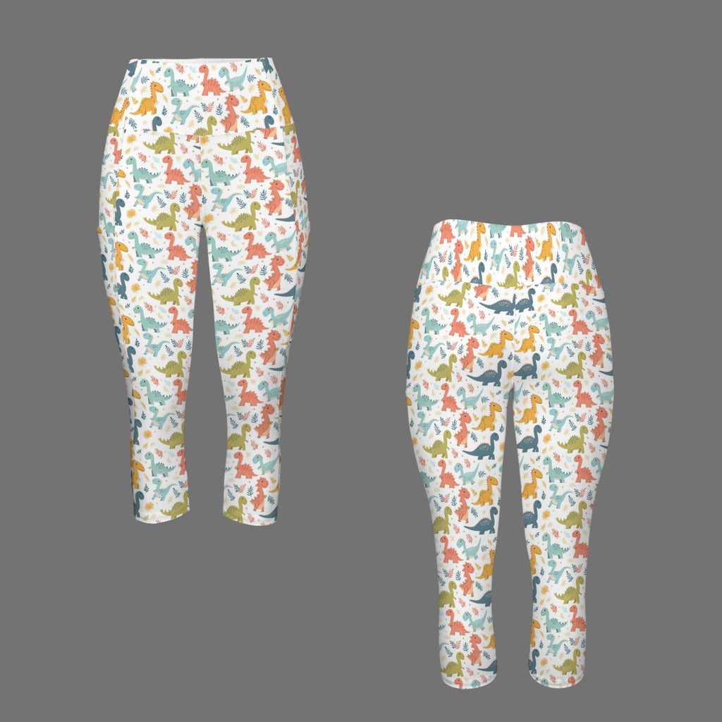 Cute Colourful Dinosaurs Women's High Waist Pocket Capri Yoga Leggings Women's High Waist Capri Yoga Leggings animal Printed Offshore