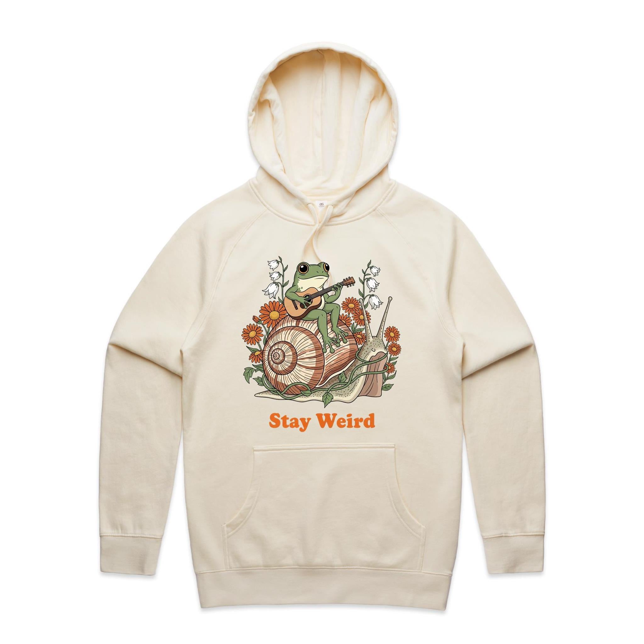 Stay Weird, Guitar Playing Frog On A Snail Men's AS Colour Hoodie Ecru Mens Hoodie animal Music Printed In Australia