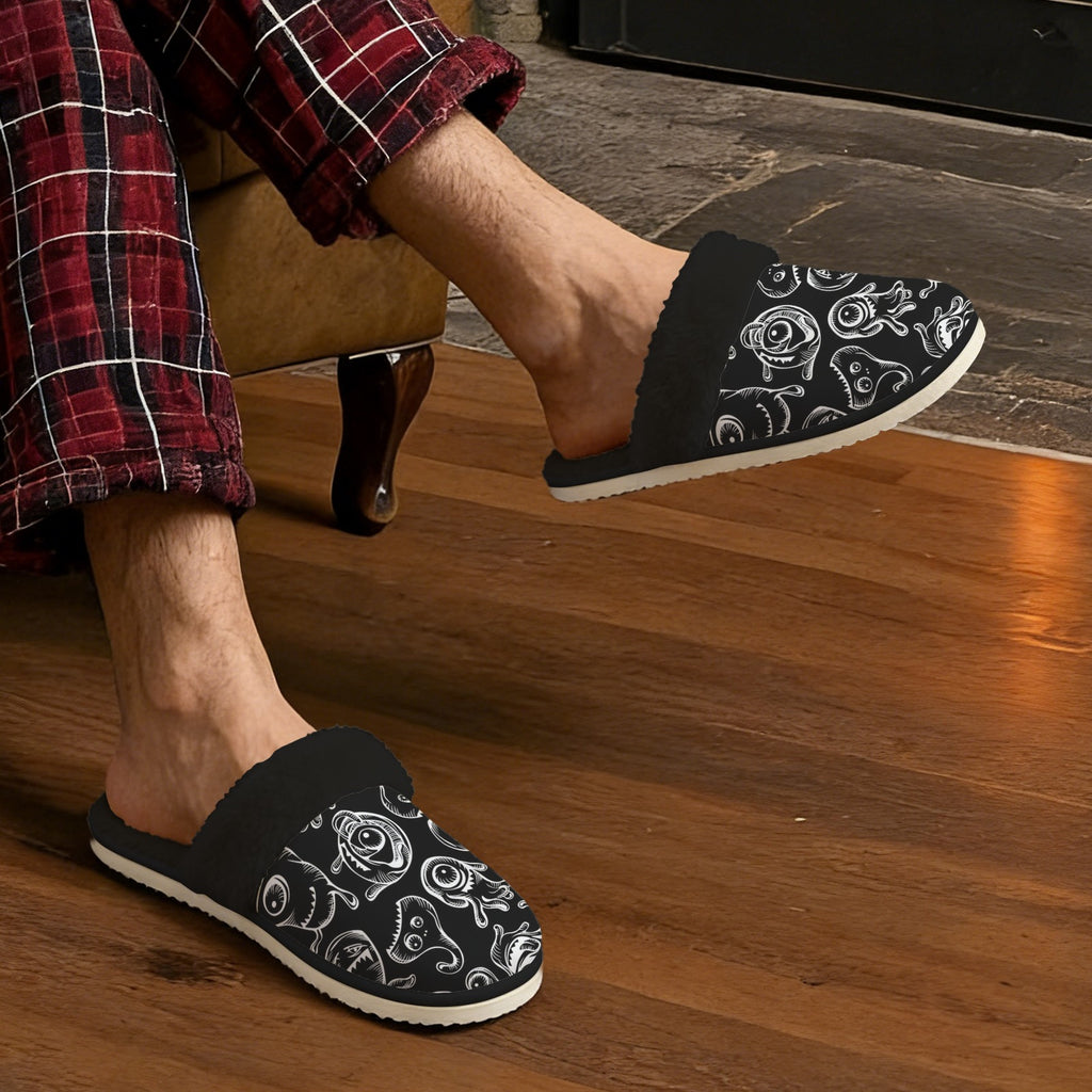 Monsters In Black And White Men's Fur Trim Thick-Sole Indoor Slippers Men's Fur Trimmed Slippers Printed Offshore Sci Fi