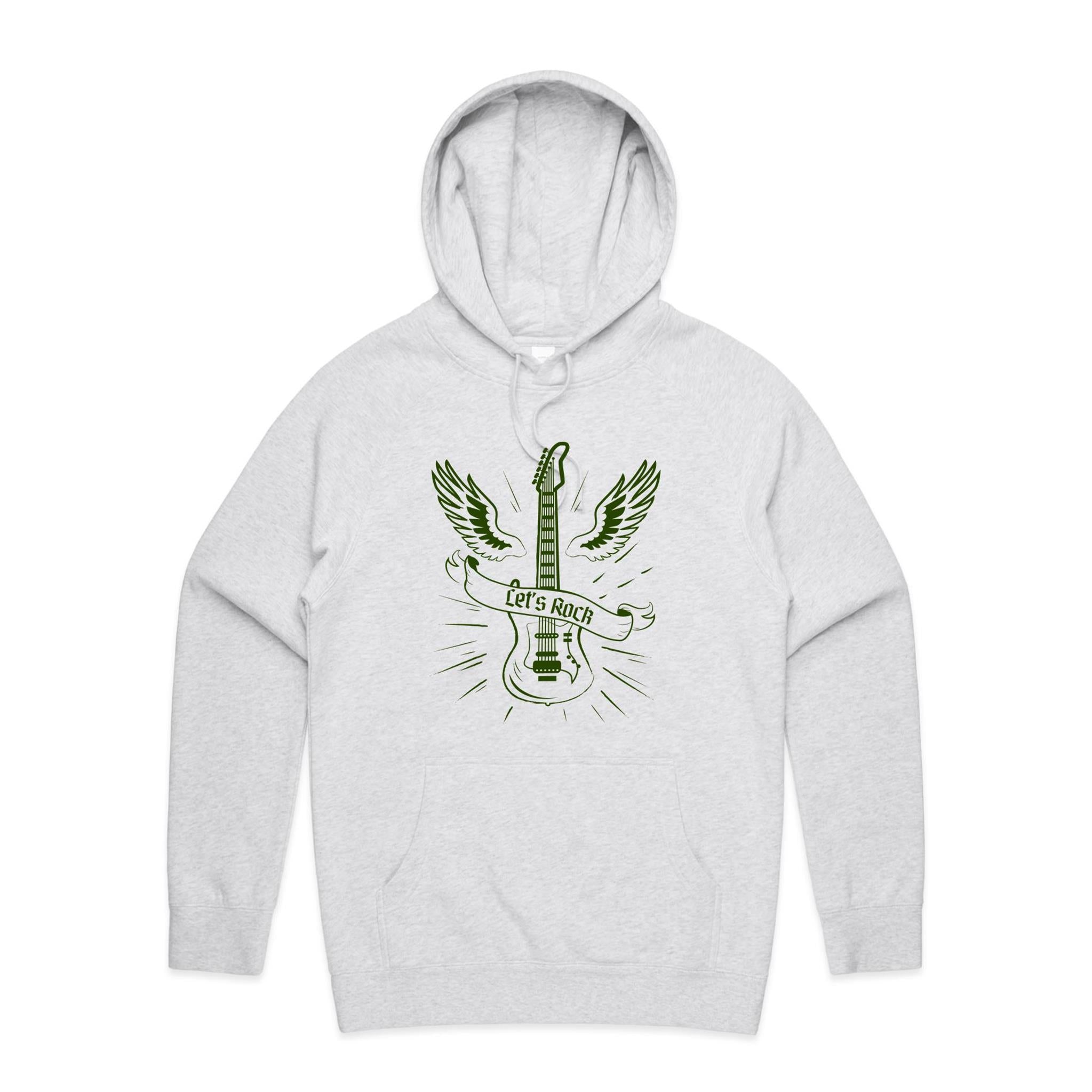 Guitar, Let's Rock - Mens Hoodie White Marle Mens Hoodie Music Printed In Australia