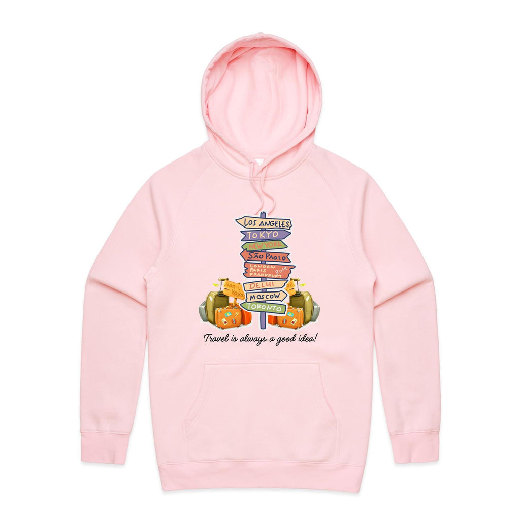 Travel Is Always A Good Idea - Mens Hoodie Pink Mens Hoodie Printed In Australia